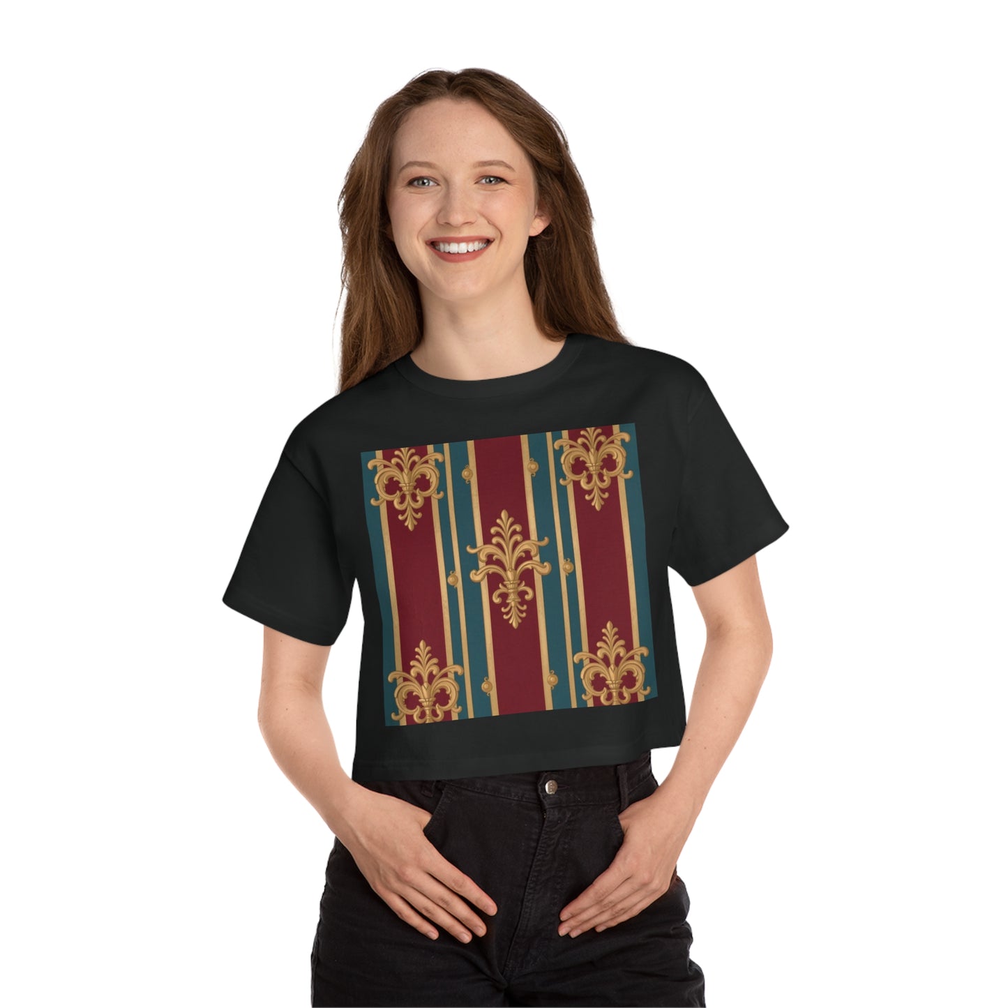Cropped T-Shirt with Baroque Design | Trendy Women's Top | Perfect for Casual Wear, Festivals - Burgundy Striped Gold Baroque