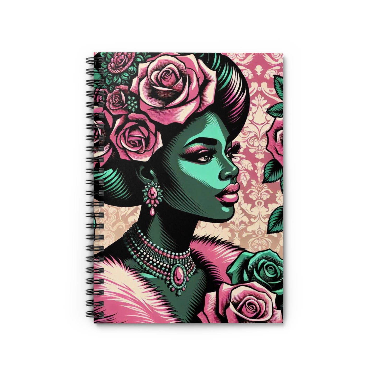 Elegant Vintage Spiral Notebook - Ruled Line with Emerald Green Lady, Roses & Damask Design