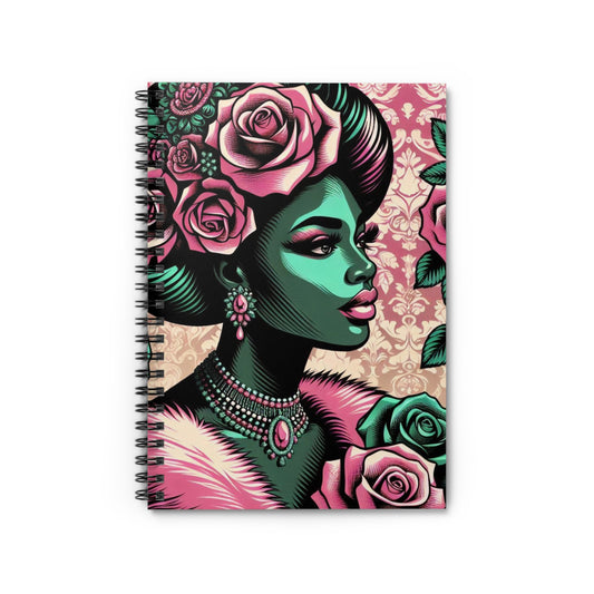 Elegant Vintage Spiral Notebook - Ruled Line with Emerald Green Lady, Roses & Damask Design