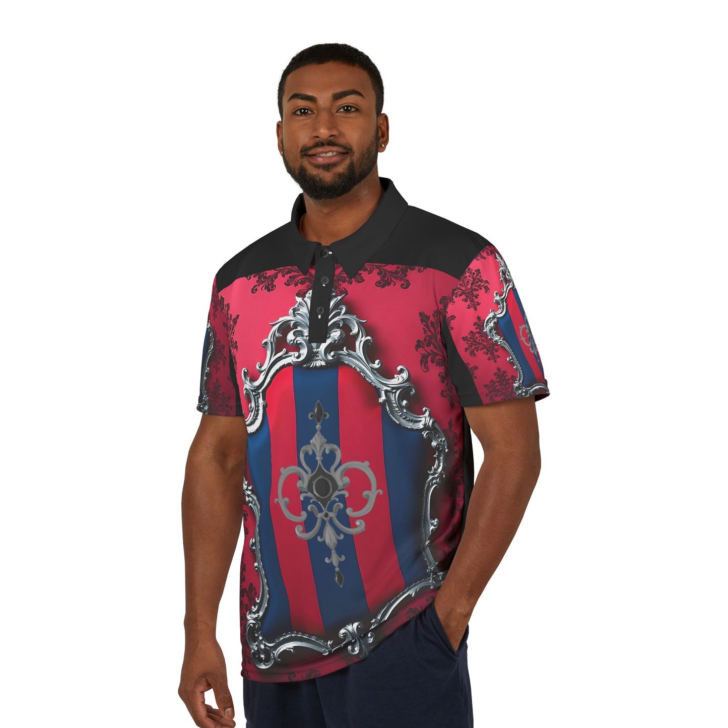 Elegant Vintage Unisex Polo Shirt - Blue & Red Striped Silver Crest