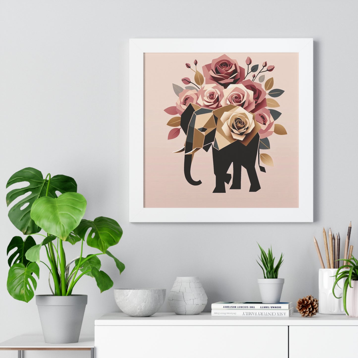 Vertical Poster - Black & Gold Elephant & Roses Wall Art
