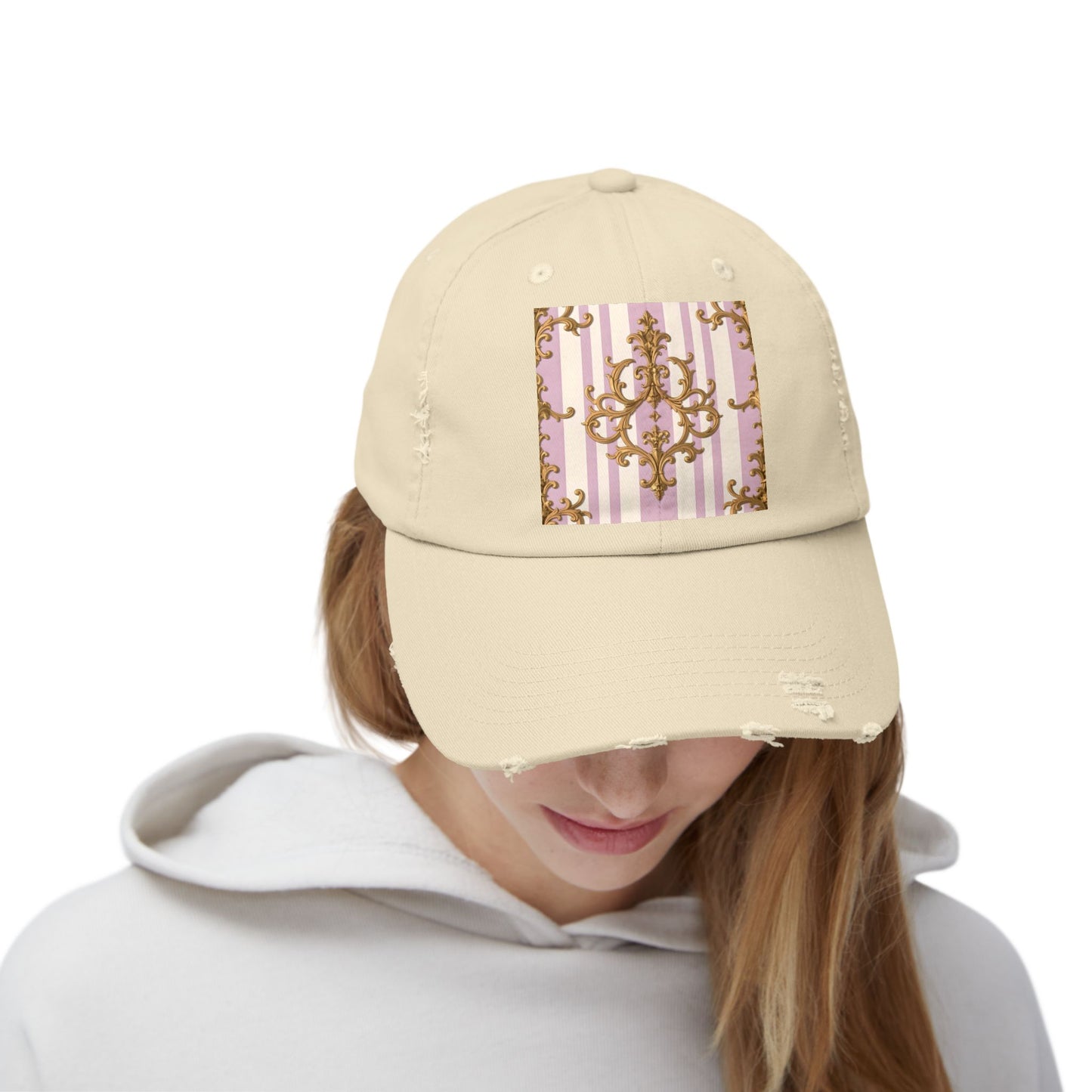 Chic Distressed Cap with Elegant Design | Trendy Accessory, Gift for Fashion Lovers, Perfect for Casual Outings - Lilac & Alabaster Striped Gold Baroque