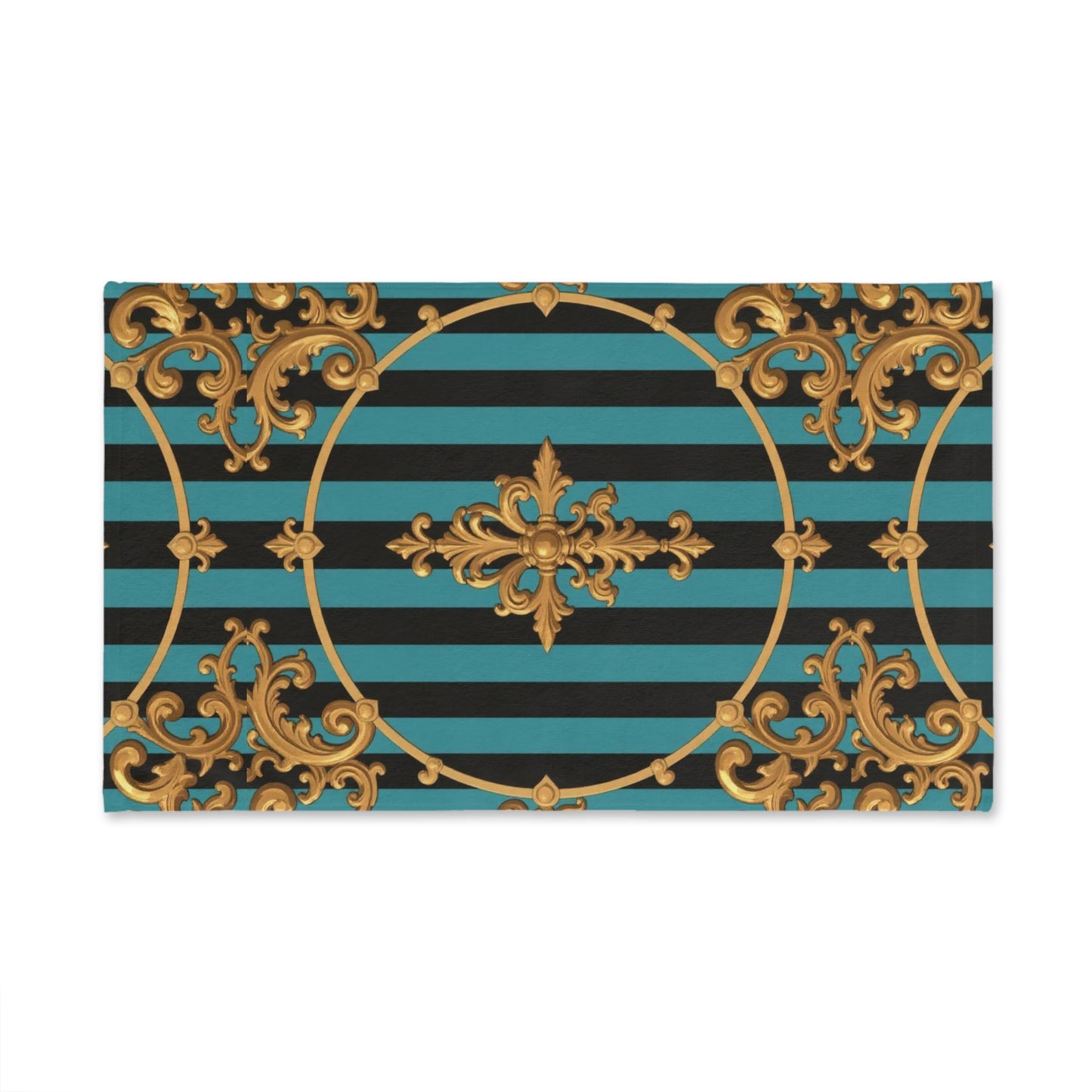 Luxurious Turquoise & Black Striped Gold Baroque Decorative Hand Towel, Glamorous Kitchen Decor, Elegant Gift for Her, Sophisticated Bathroom Towel