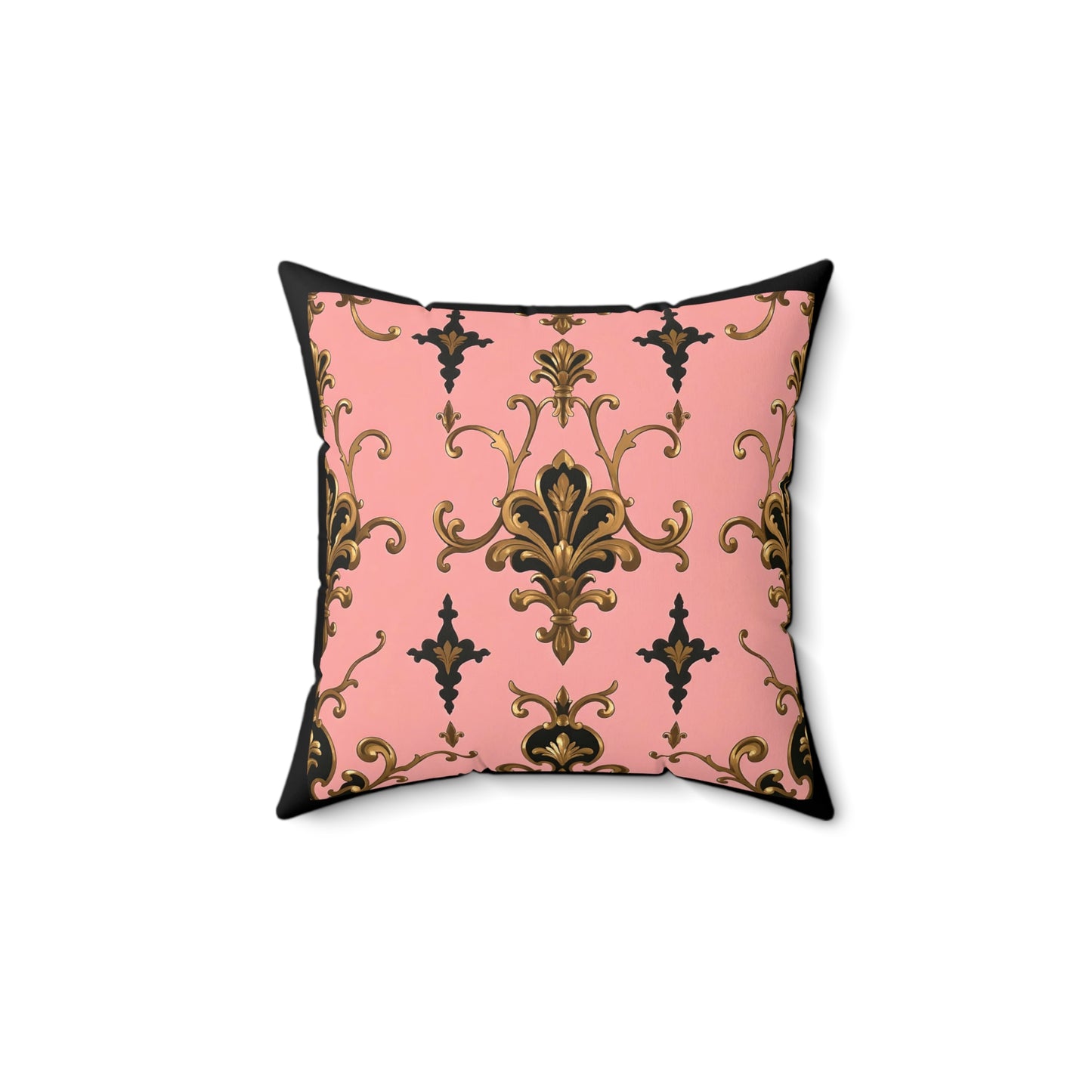Elegant Faux Suede Pillow with Gold Baroque Design, Decorative Cushion for Home Decor, Throw Pillow - Pink, Black & Gold Rococo