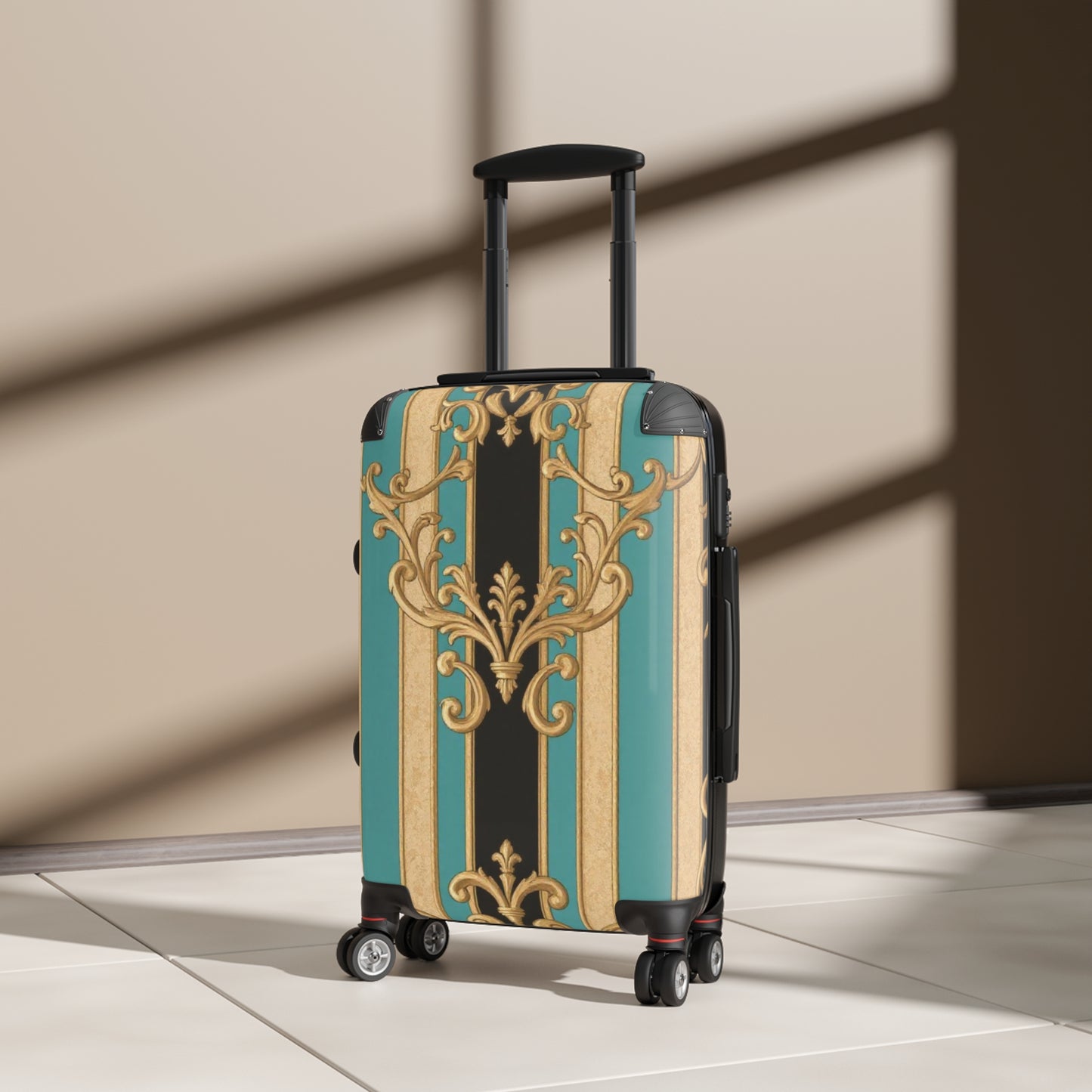 Stylish Black, Tan & Ocean Green Striped Gold Baroque Travel Suitcase, Luggage for Adventurers, Unique Gift for Travelers, Vintage Design