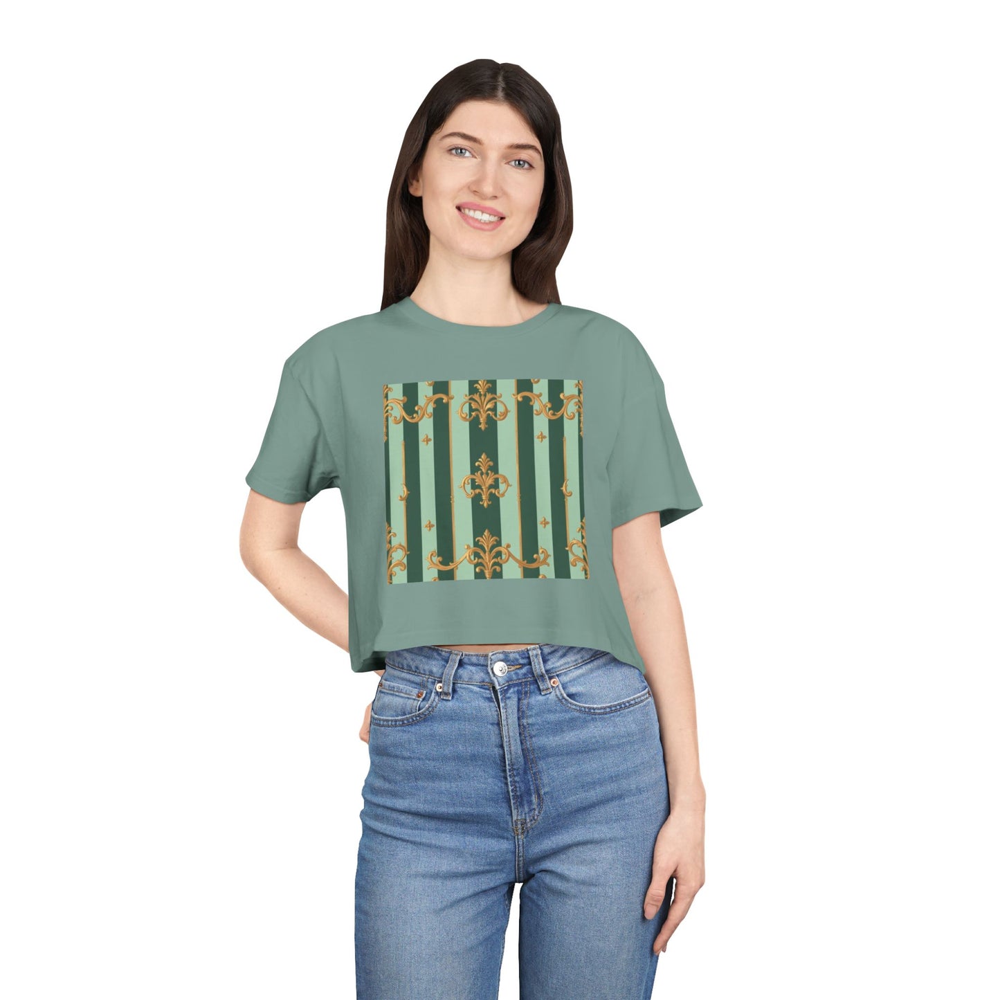 Chic Women's Crop Tee with Elegant Patterns, Fashion Top, Summer Style, Trendy Outfit, Gift for Her - Mint Green & Teal Striped Gold Baroque