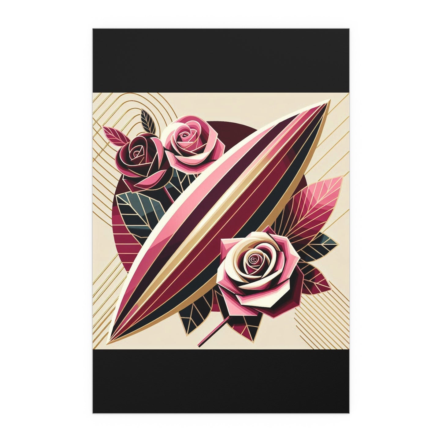 Elegant Floral Silk Poster - Indoor/Outdoor Wall Art for Home Decor - Pink & Burgundy Striped Surfboard & Roses