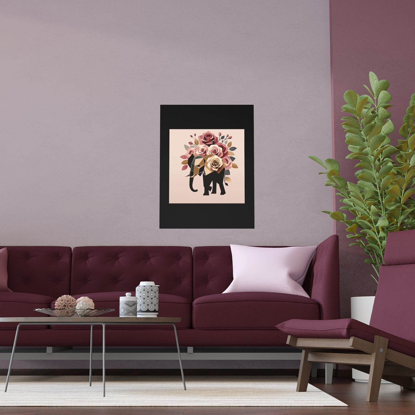 Elegant Floral Silk Poster - Indoor/Outdoor Wall Art for Home Decor - Black & Gold Elephant & Roses