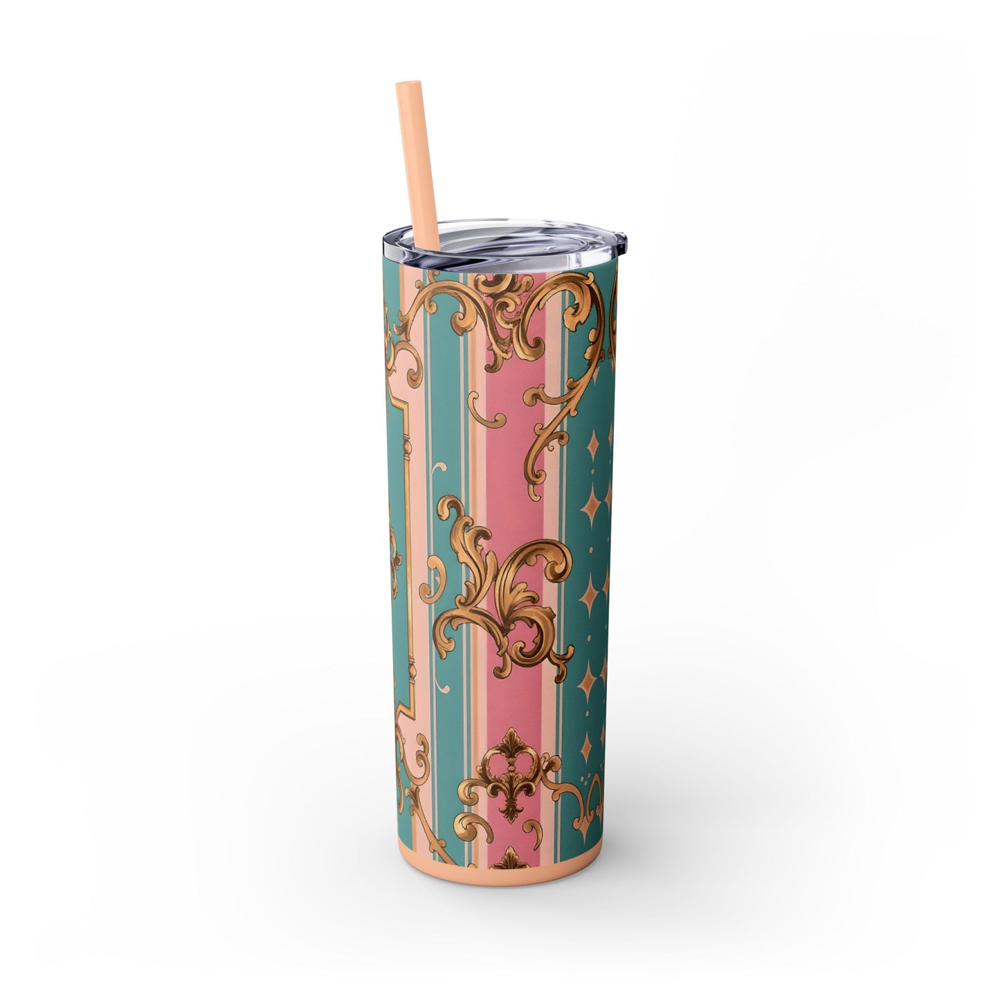 Elegant Floral Skinny Tumbler, 20oz Travel Mug, Stylish Drinkware, Perfect Gift for Her, Vintage Inspired - Pink & Matte Turquoise Striped Rococo
