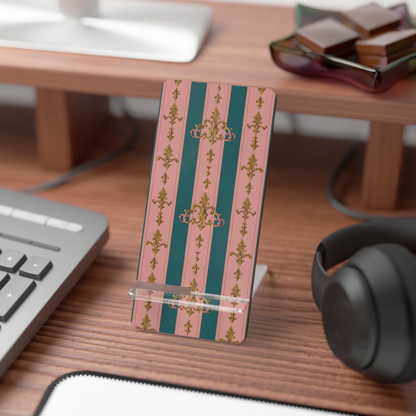 Elegant Mobile Display Stand for Smartphones, Decorative Phone Holder, Trendy Desk Accessory - Pink & Teal Striped Gold Baroque
