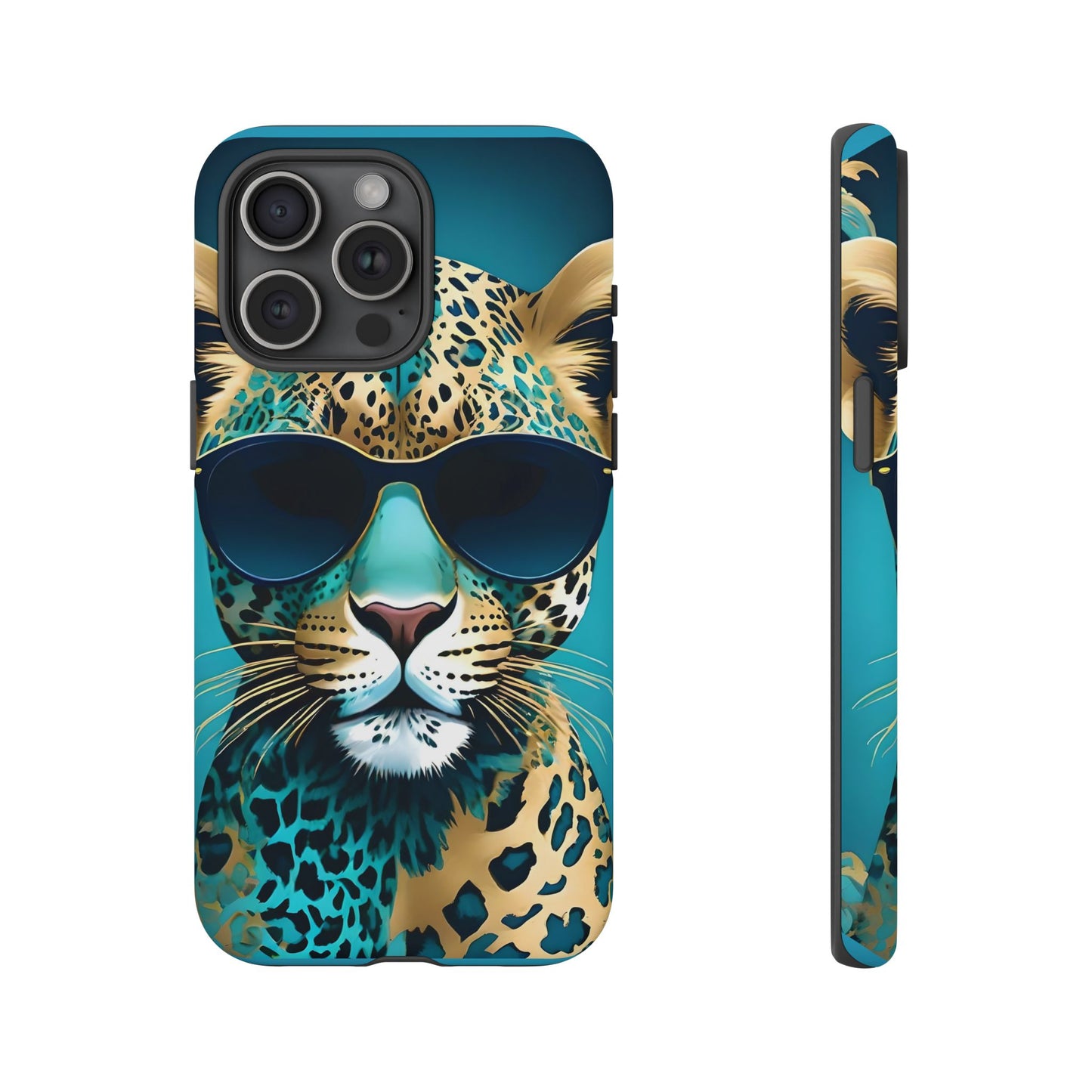 Phone Case - Aqua & Gold Leopard In Sunglasses Design