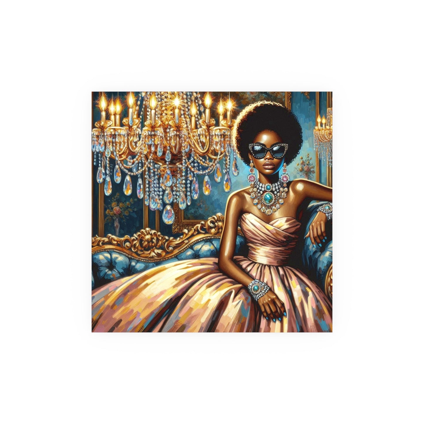 Elegant Glamour Satin Poster, Wall Art Decor, Modern Home Gallery, Gift for Art Lovers, Chic Interior Decoration - Elegant Lady & Chandelier