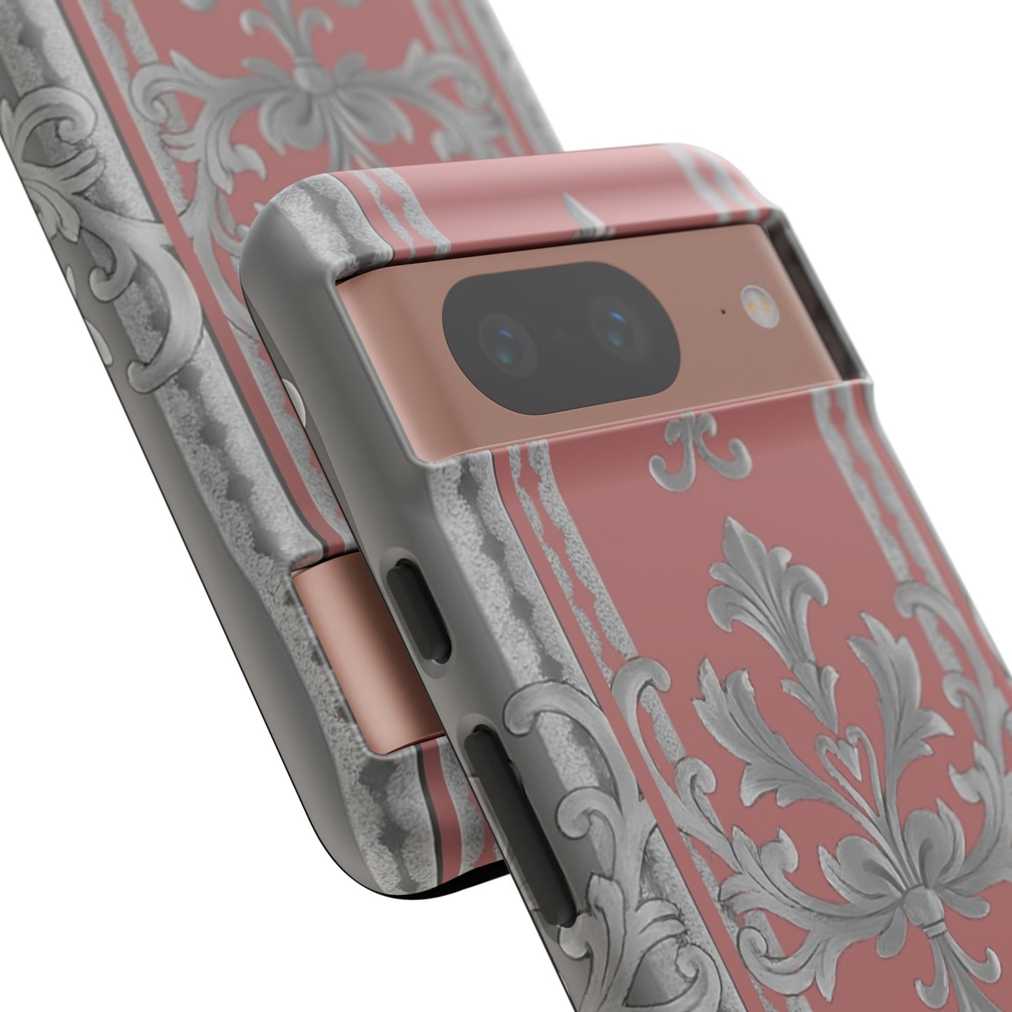 Elegant Floral Phone Case - Tough Cases for Stylish Protection - Gray & Mauve Striped Baroque