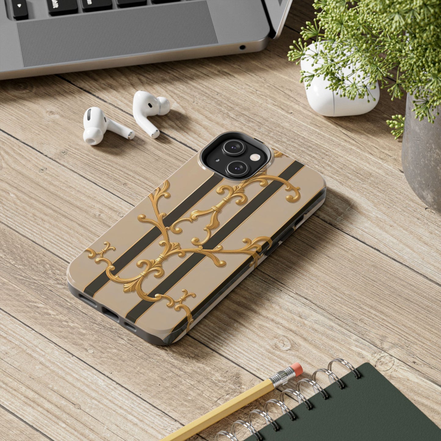 Elegant Vintage Tough Phone Case, Stylish Phone Cover, Boho Accessories, Perfect Gift for Her - Beige Striped Gold Rococo