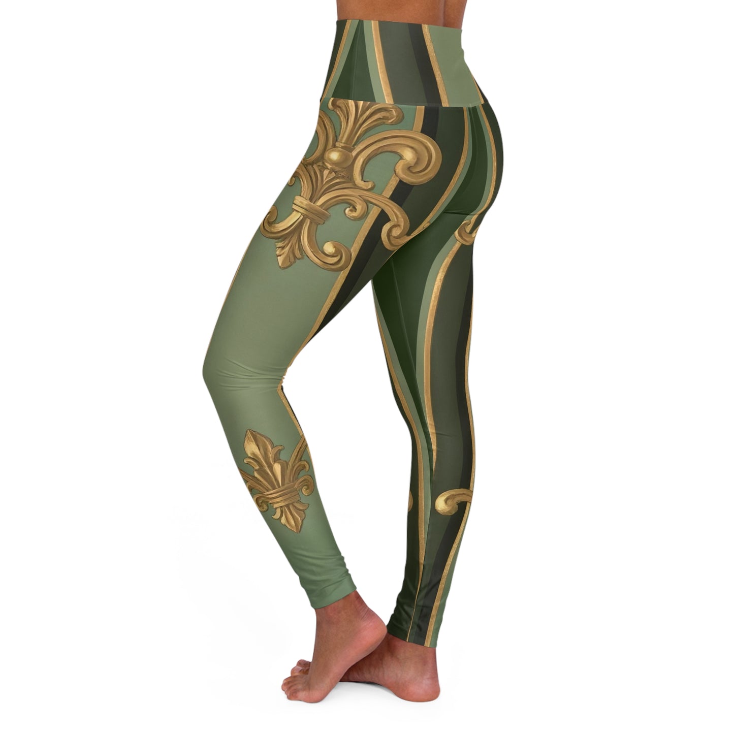 Stylish High Waisted Yoga Leggings, Comfortable Activewear, Fitness, Gym, Casual Wear, Unique Design, Perfect Gift - Green Striped Gold Baroque