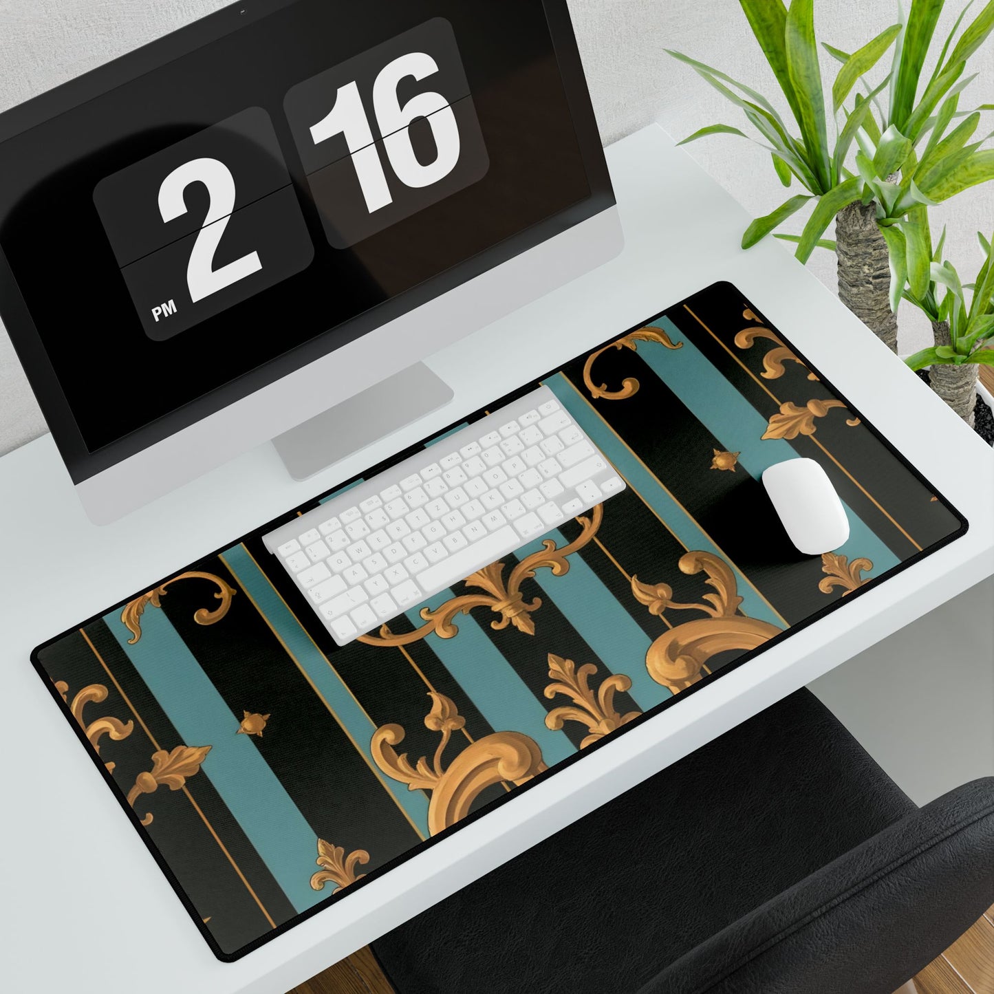 Elegant Black & Gold Desk Mats for Home Office, Stylish Desk Accessories, Work From Home Decor - Black & Turquoise Striped Baroque