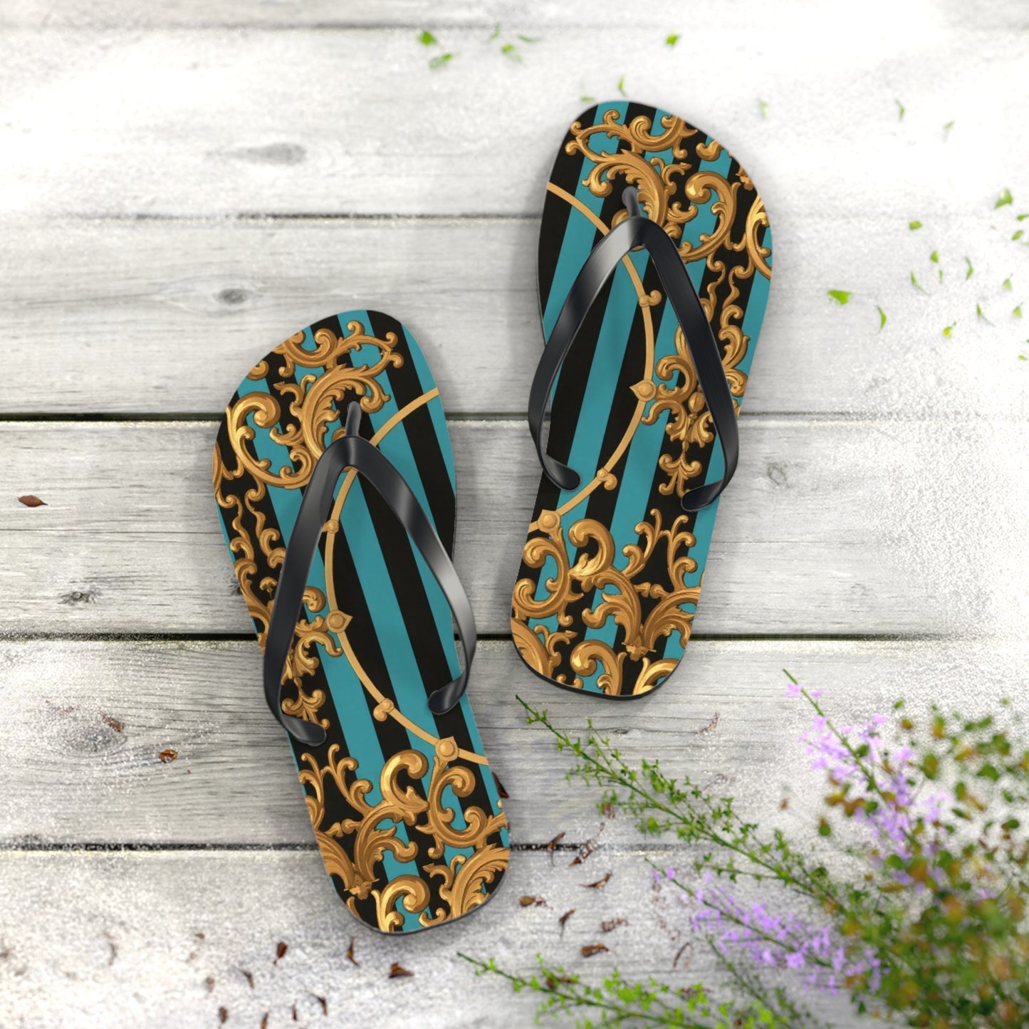 Elegant Turquoise & Black Striped Gold Baroque Patterned Flip Flops for Beach, Summer Vibes, Vacation Essentials, Stylish Footwear