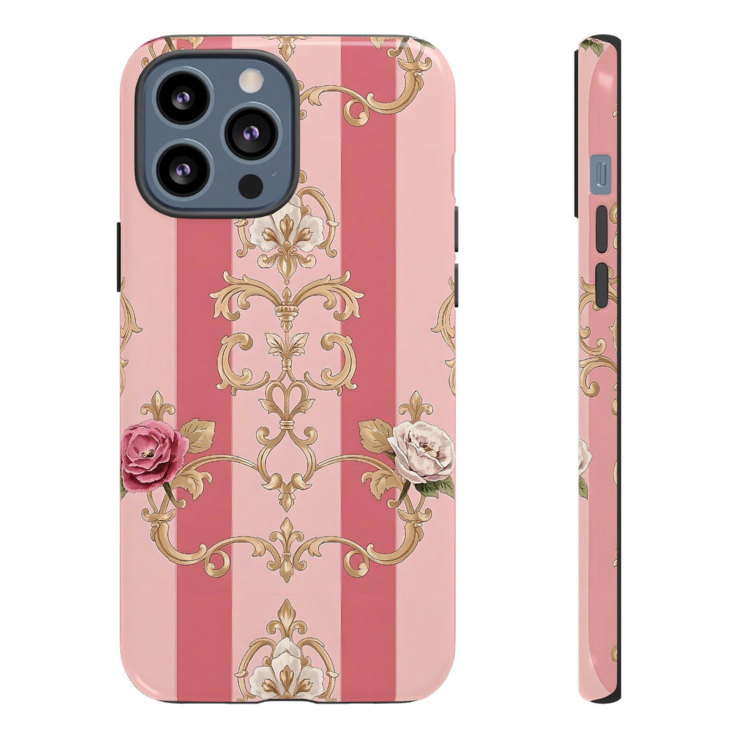 Elegant Floral Motif Phone Case - Tough Cases with Vintage Design - Pink Striped Roses & Damask