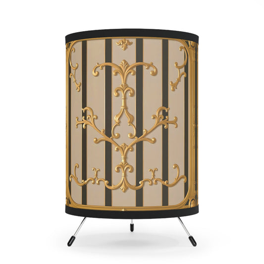 Elegant Tripod Lamp, Vintage Home Decor, Gold Accent Lighting, Bohemian Style, Decorative Shade - Beige Striped Gold Rococo
