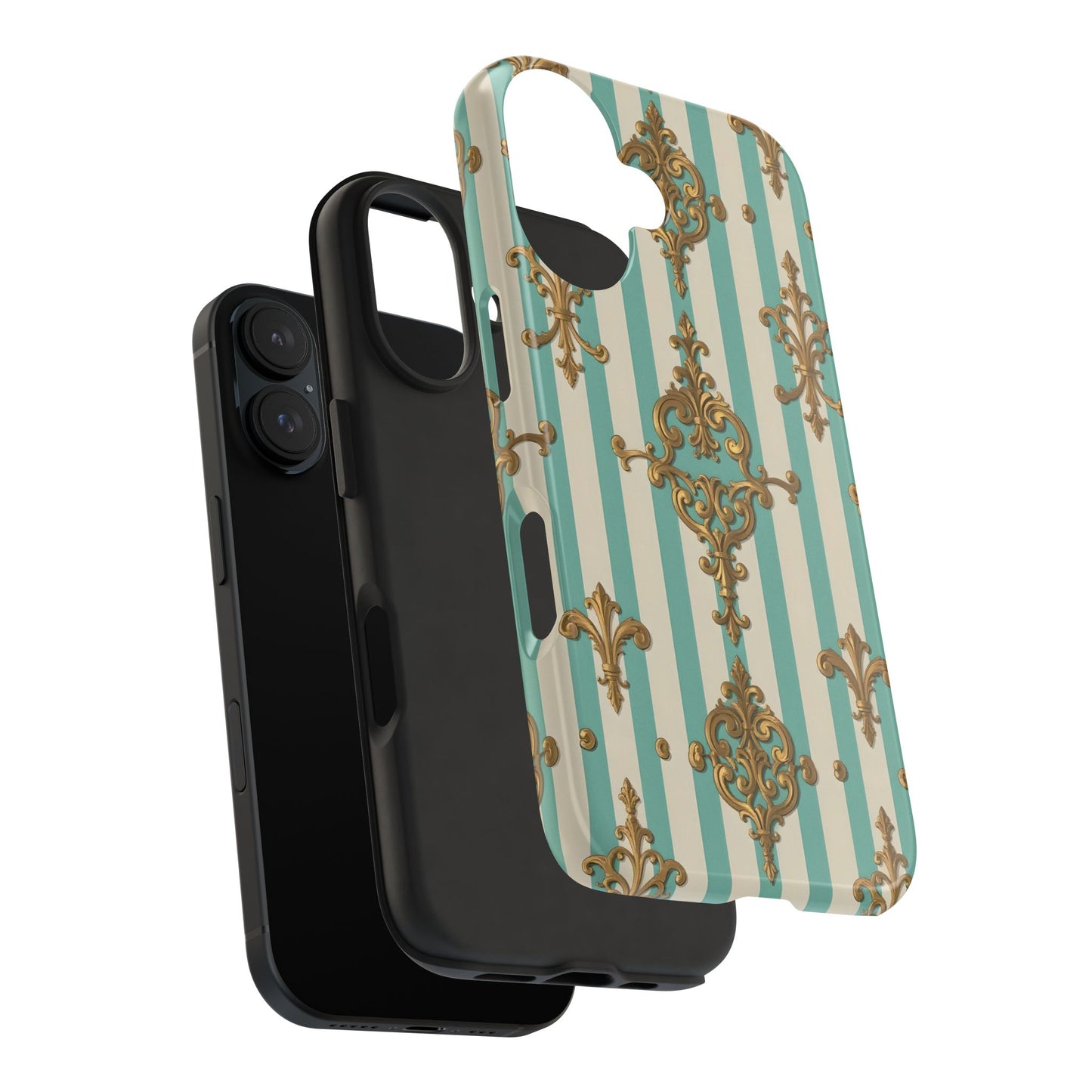 Elegant Striped Phone Case with Vintage Design, Tough Phone Cover, Stylish Smartphone Case - Matte Green Striped Rococo