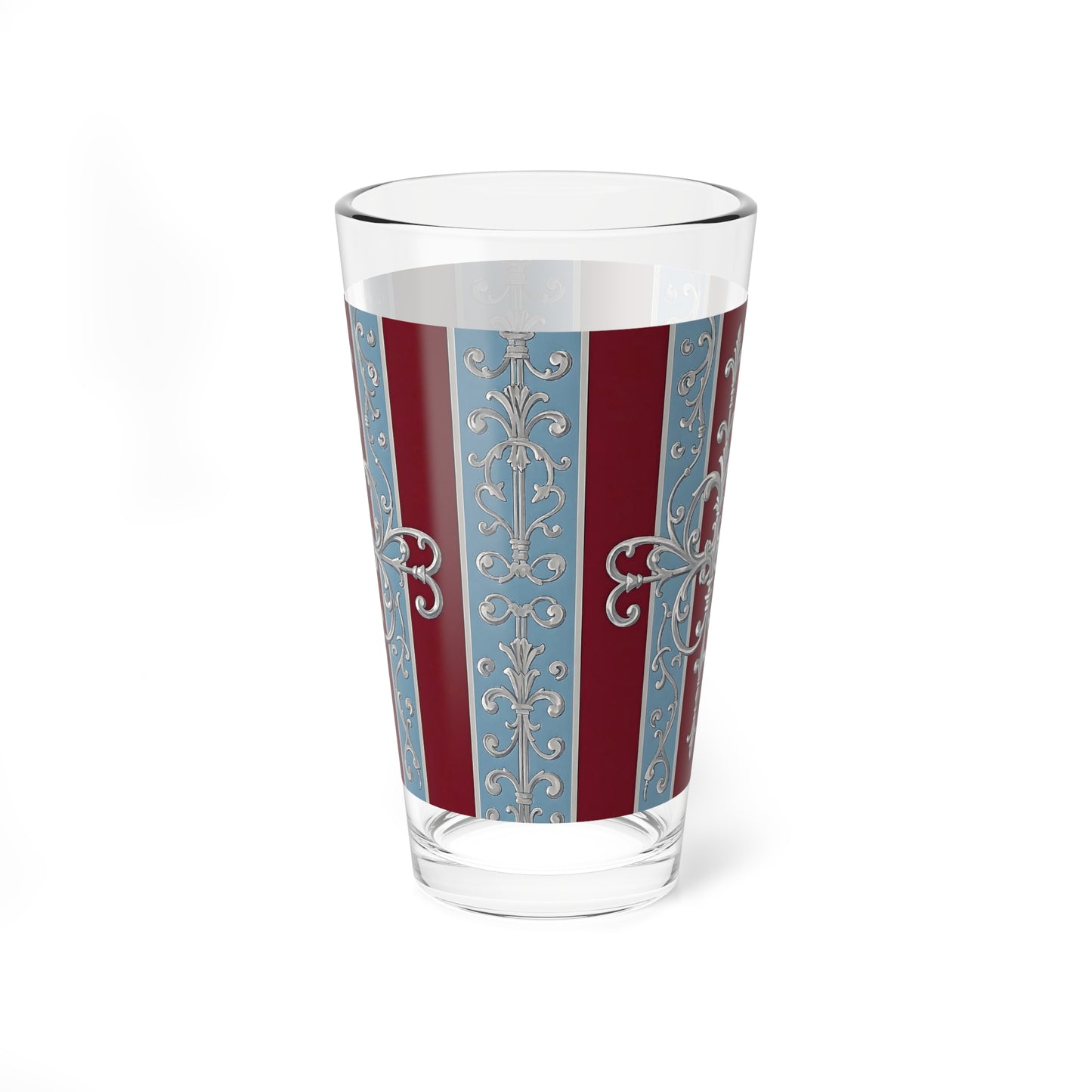 Elegant Vintage 16oz Mixing Glass - Perfect for Entertaining & Home Bar - Ice Blue & Burgundy Striped Baroque