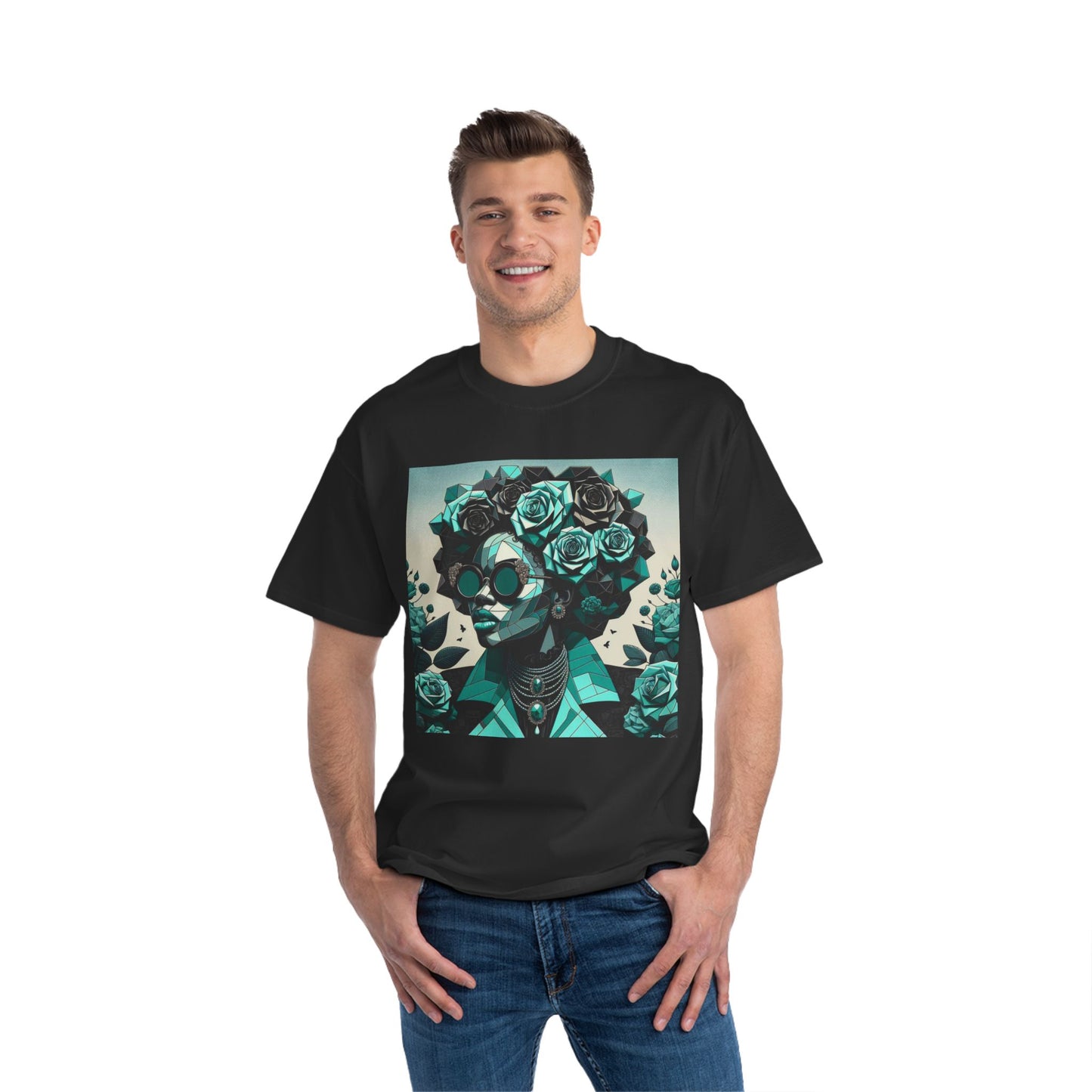 Trendy Floral Graphic Tee | Artistic Short-Sleeve Shirt, Fashionable Summer Top, Chic Gift for Her - Turquoise & Black Roses Lady