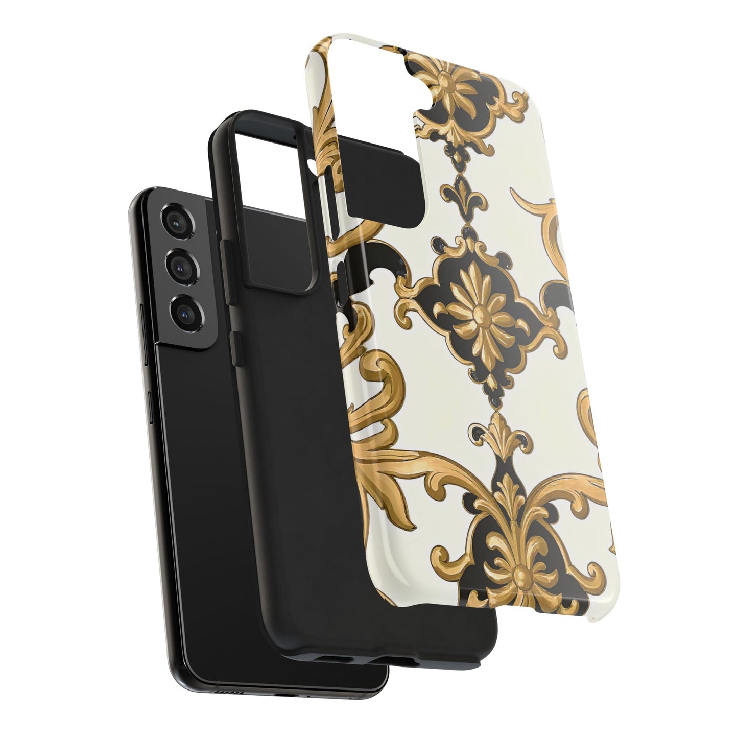 Elegant Floral Tough Phone Cases, Durable Phone Cover, Stylish Phone Accessories, Gift for Her, Chic Phone Cases - Black & Gold Rococo
