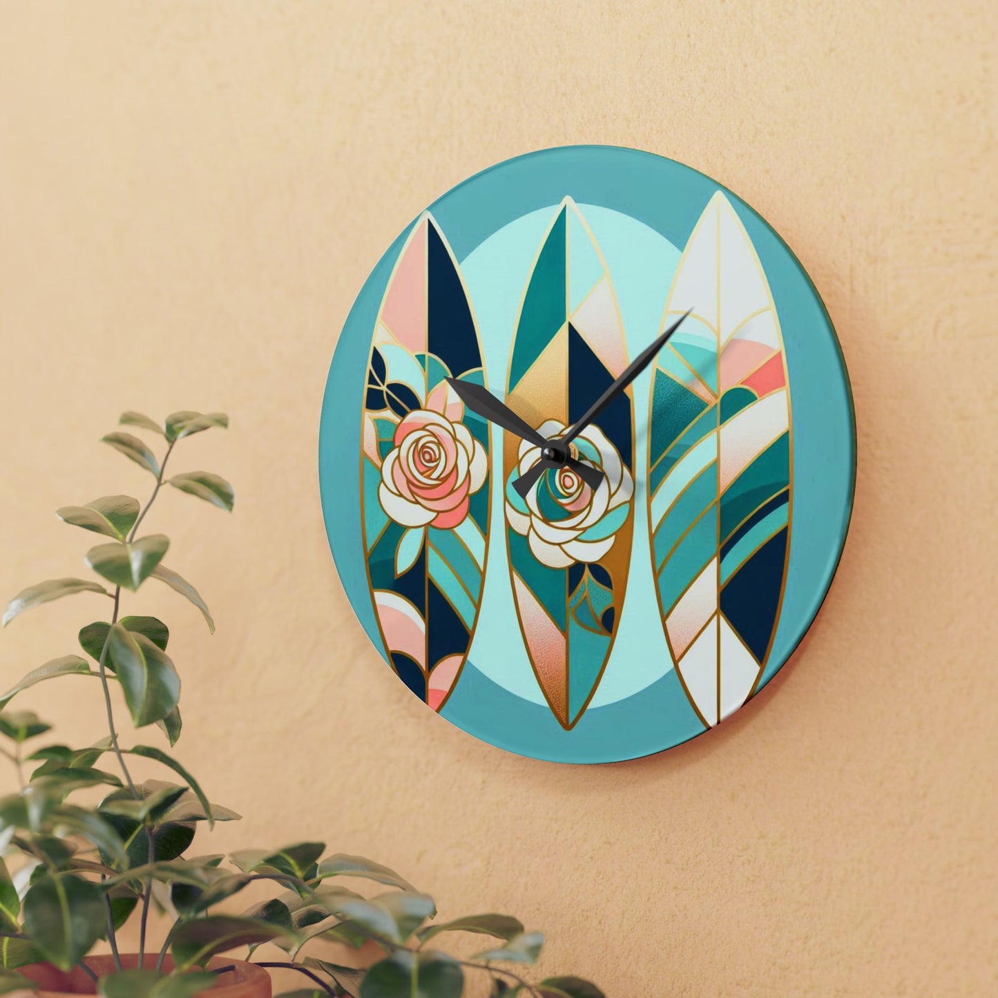 Bohemian Surf-Inspired Acrylic Wall Clock with Floral Design - Blue, Pink & Aqua Surfboard & Roses Design