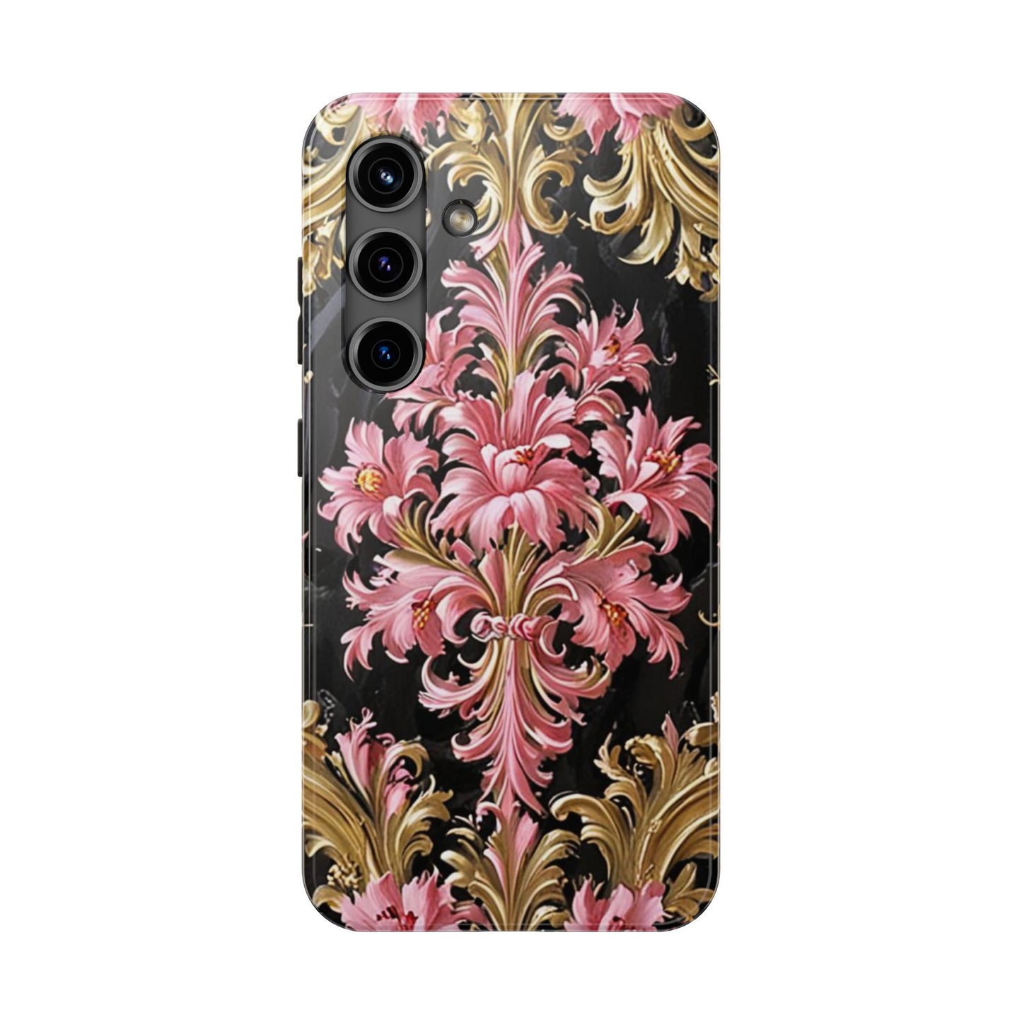 Elegant Floral Tough Phone Cases | Stylish Protection for Her | Gift for Birthdays - Black & Pink Oil Painting Style Rococo