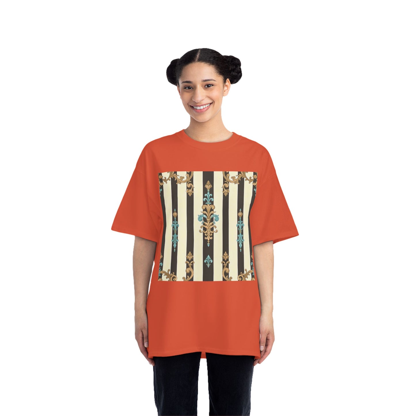 Elegant Floral Pattern Tee, Vintage Style T-Shirt, Gift for Her, Casual Outfit - Black Striped Turquoise & Black Rococo