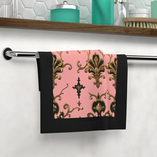 Elegant Patterned Face Towel, Decorative Bathroom Linen, Gift for Home, Luxury Spa Towel - Pink, Black & Gold Rococo