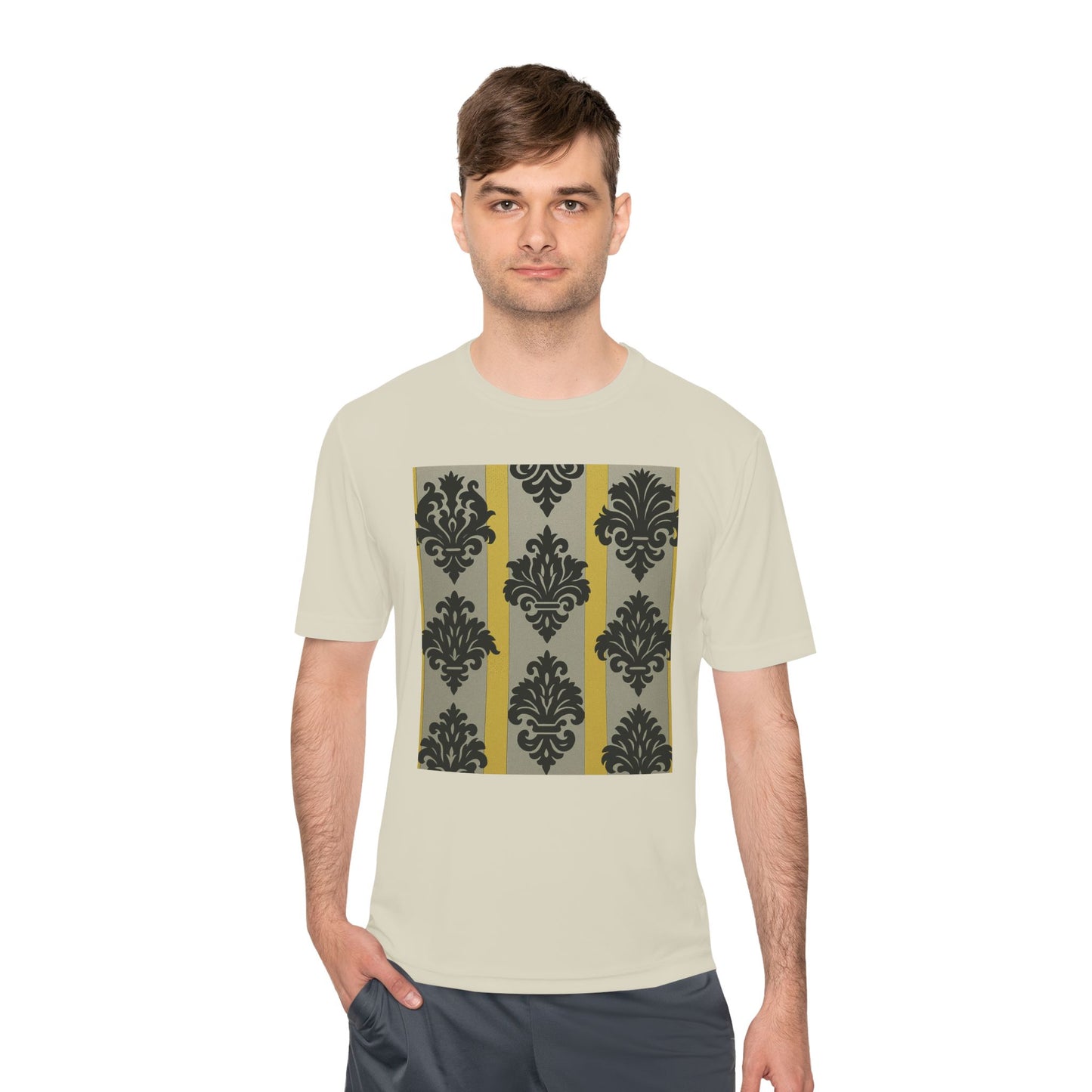 Elegant Patterned Unisex Moisture Wicking Tee, Activewear, Casual Tee, Gift for Him/Her, Stylish Sportswear - Silver & Gold Striped Black Baroque