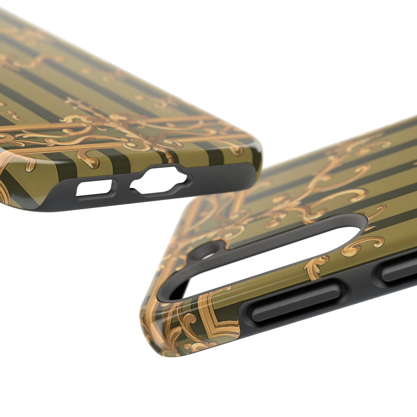 Elegant Vintage Phone Case - Tough Protection with Classy Design, Stylish Phone Cover for Fashion Lovers - Olive Green Striped Rococo
