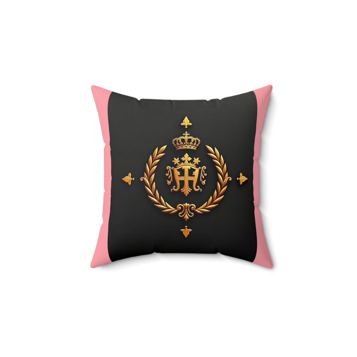 Elegant Royal Faux Suede Square Pillow, Luxury Home Decor, Cozy Gifts for Her, Crown Emblem Cushion, Stylish Accent Pillow - Pink Striped Gold Crest