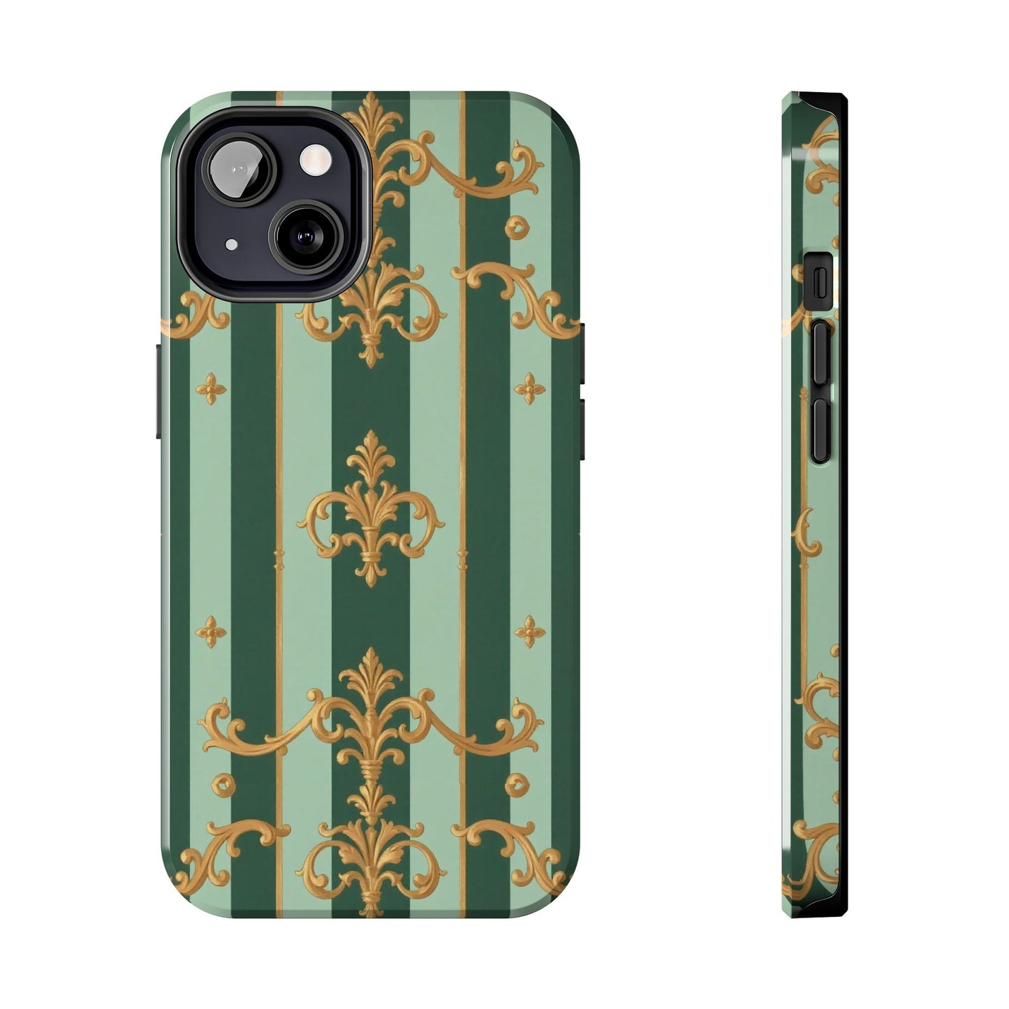 Elegant Floral Tough Phone Cases | Stylish Phone Protection, Gift for Her, Trendy Accessory, Unique Decor - Mint Green & Teal Striped Gold Baroque