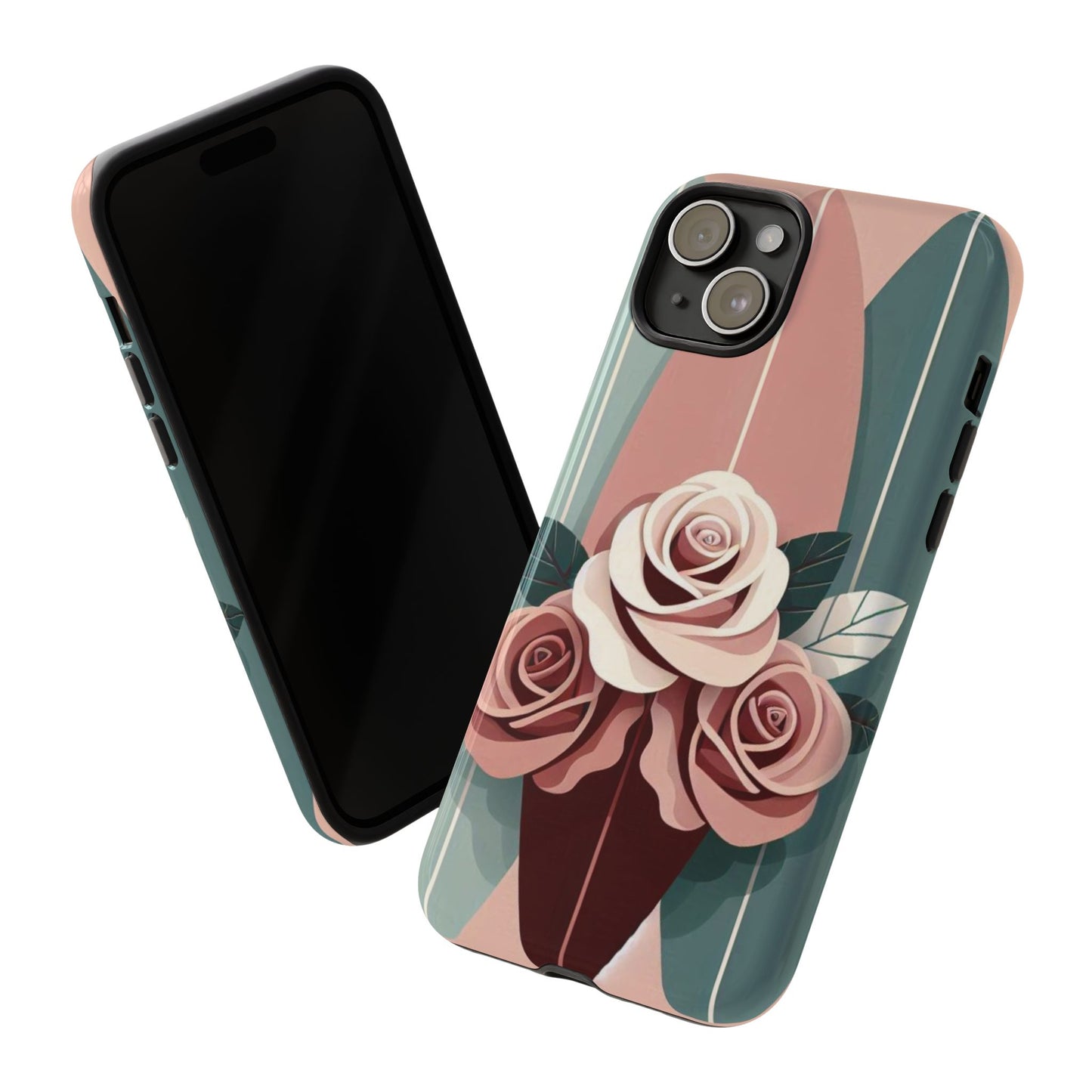 Phone Case - Burgundy, Matte Mauve & Teal Surfboard & Roses Design