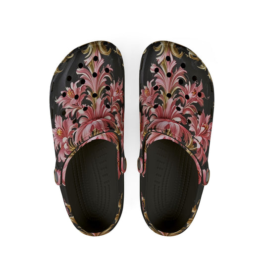 Floral Foam Clogs: Stylish Comfort Shoes for Everyday Wear, Garden Parties, Casual Outings - Black & Pink Oil Painting Style Rococo