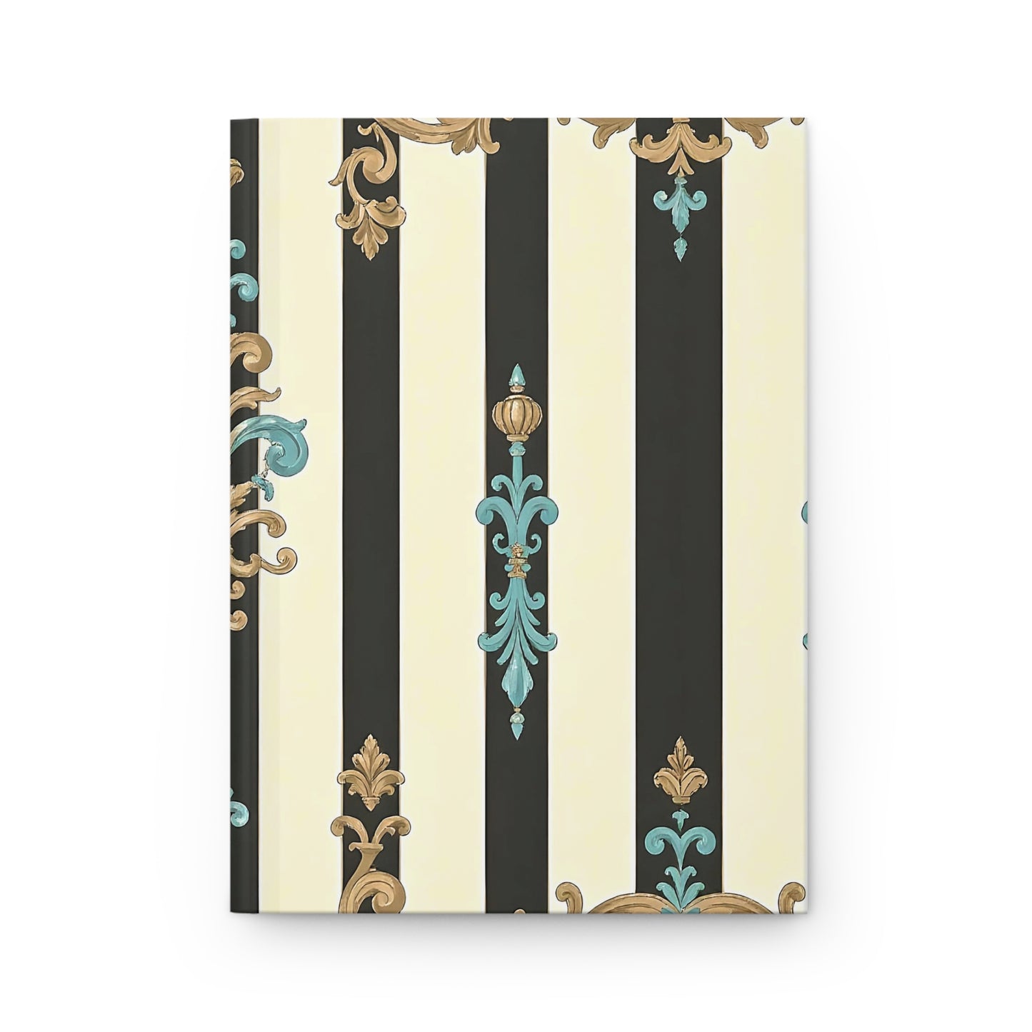 Elegant Striped Hardcover Journal, Stylish Notebook, Floral Pattern, Gift for Writers, Journal for Women - Black Striped Turquoise & Black Rococo