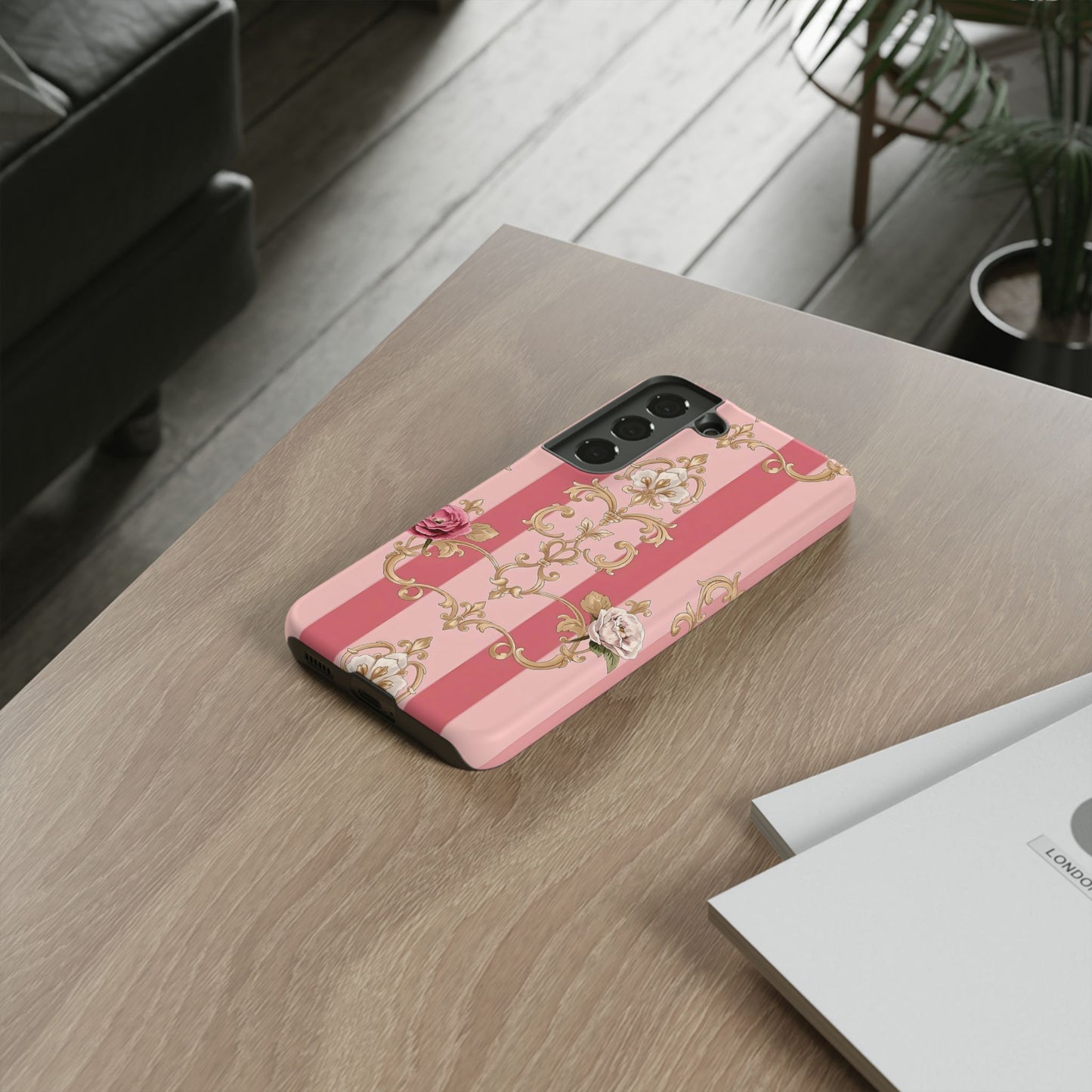 Elegant Floral Motif Phone Case - Tough Cases with Vintage Design - Pink Striped Roses & Damask