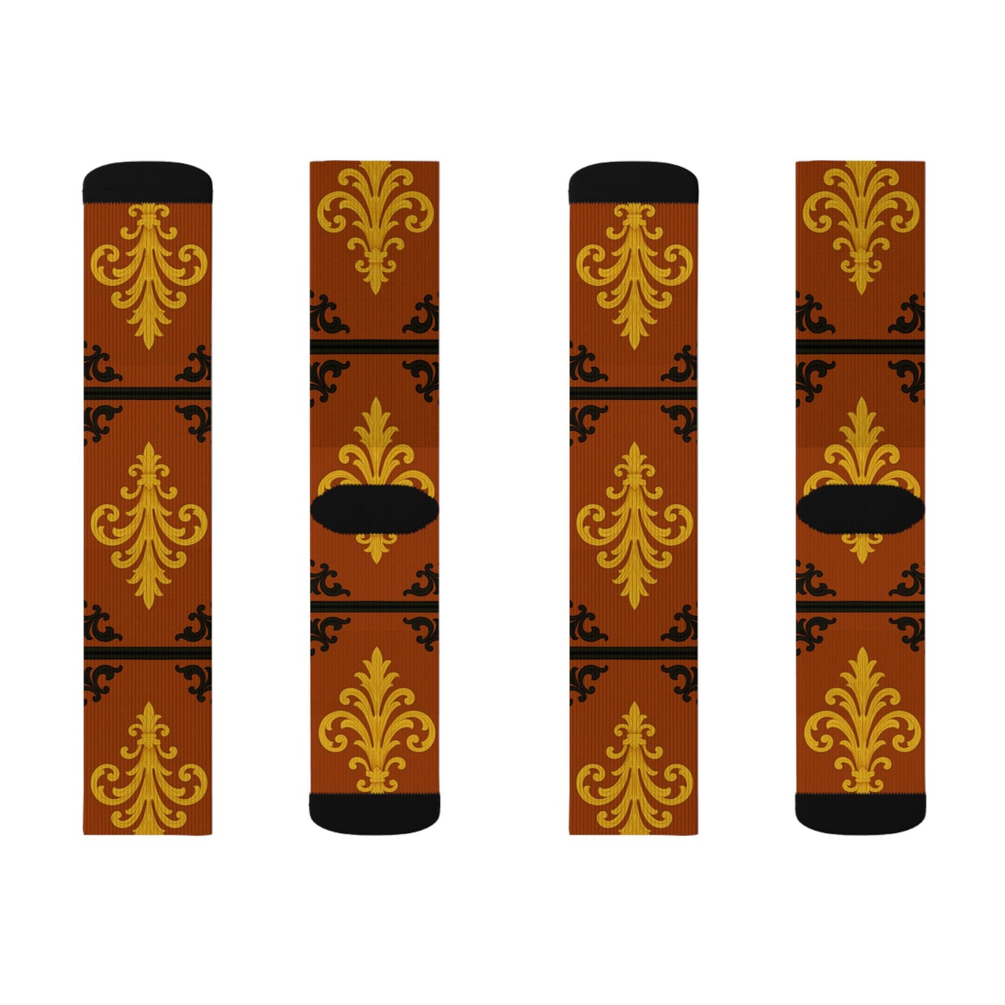 Dusk Terracotta Baroque Sublimation Socks — Vintage Terracotta & Gold Patterned Crew Socks