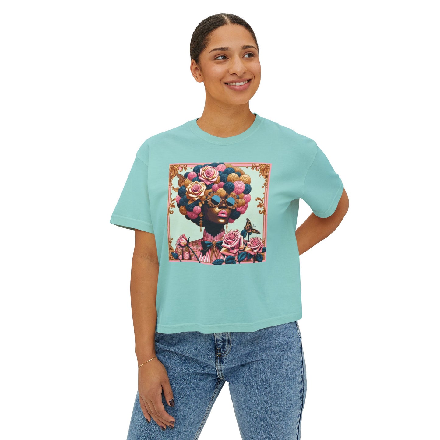 Colorful Afro Woman Boxy Tee, Feminine Graphic T-Shirt, Trendy Casual Wear, Gift for Her, Summer Outfit - Lady In Pink Baroque