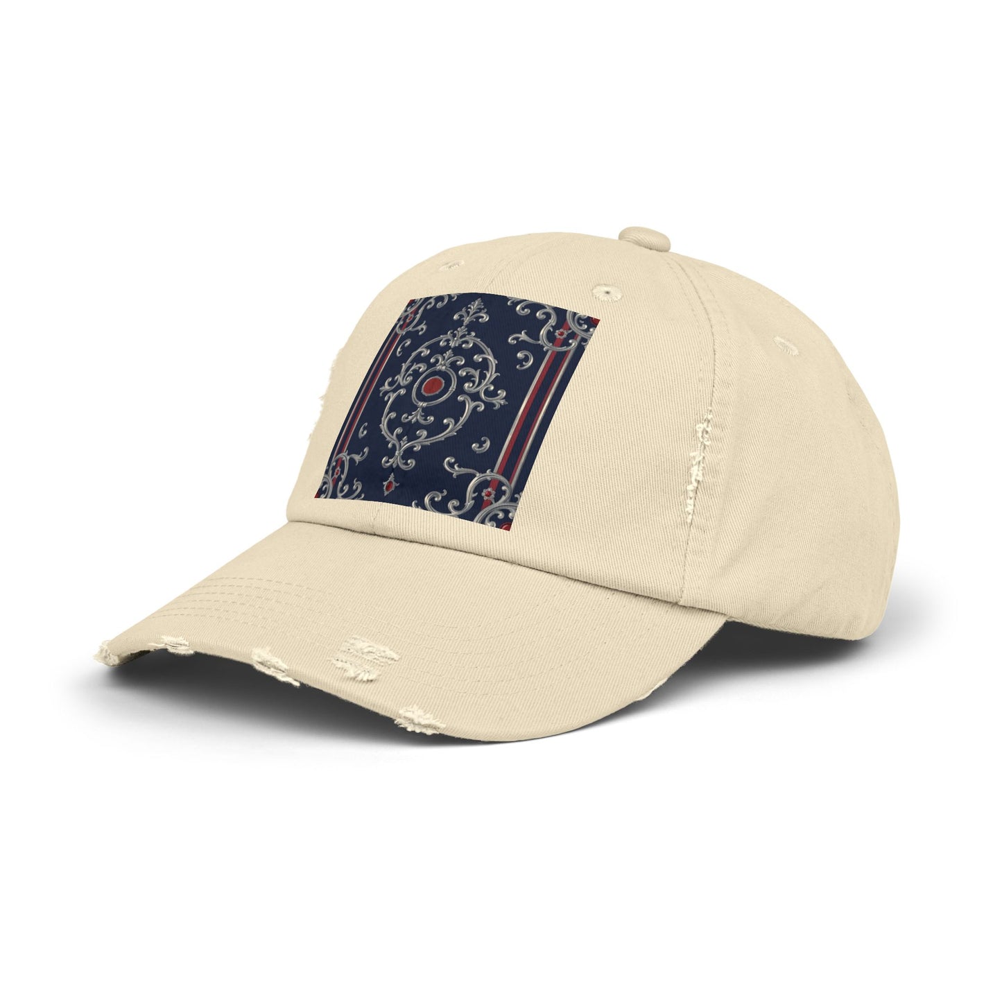 Stylish Unisex Distressed Cap with Ornate Design, Casual Hat for Outdoor Adventures, Beach Days - Blue & Red Silver Baroque
