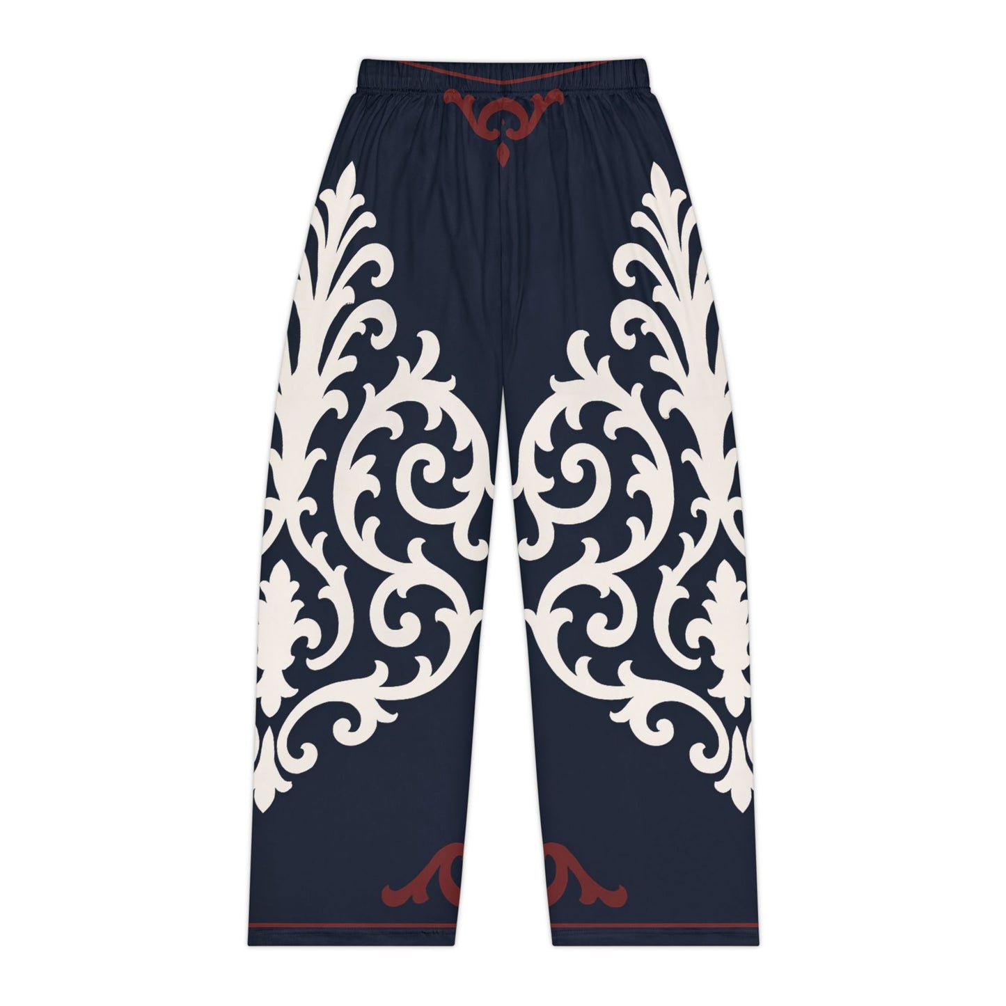 Dusk Blue & Maroon-White Baroque Women's Pajama Pants — Elegant Baroque Lounge Trousers