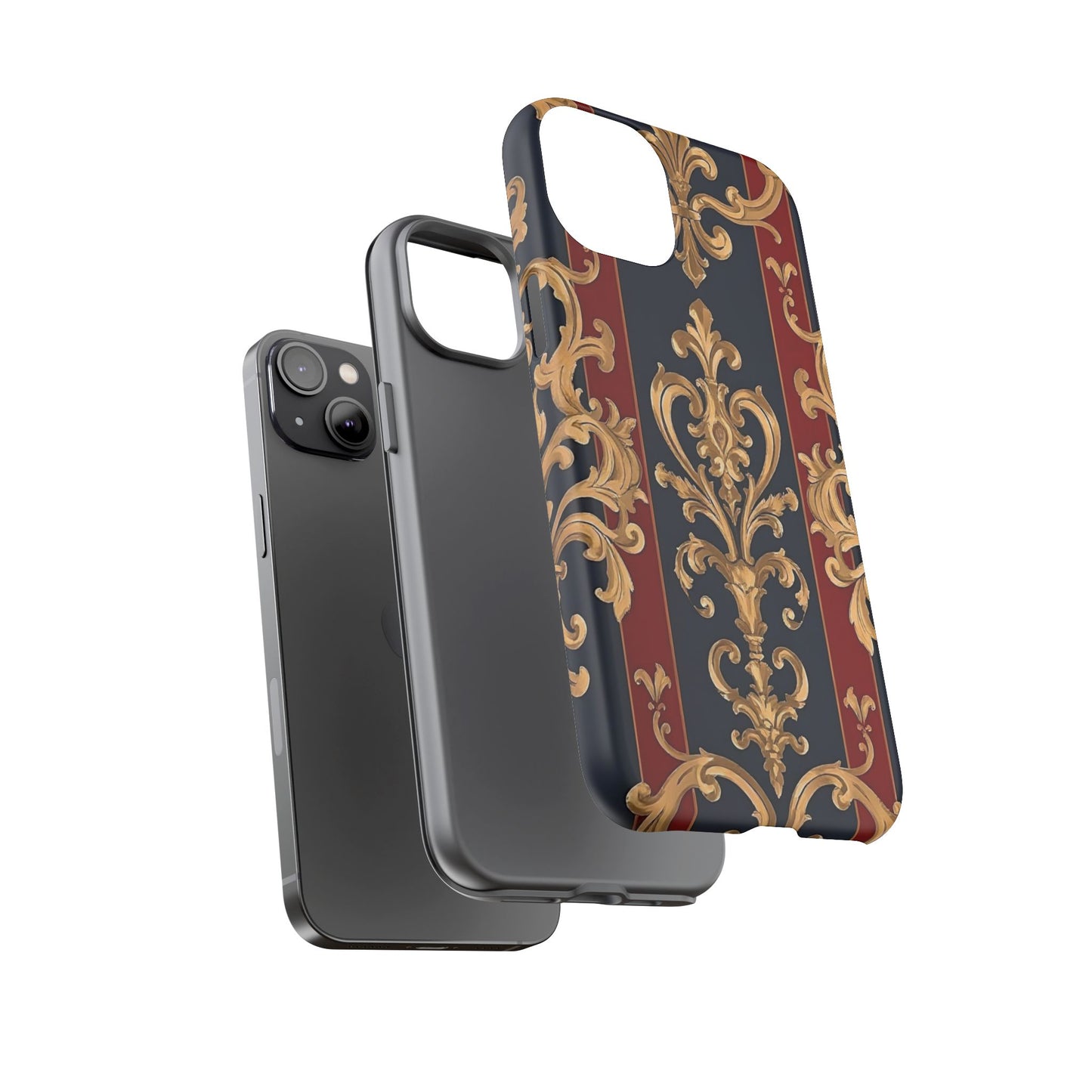 Elegant Floral Motif Phone Case - Tough Cases with Vintage Design - Midnight Blue & Dusk Red Striped Gold Damask