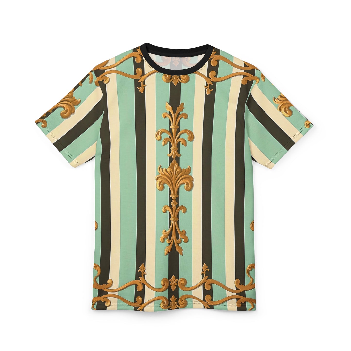 Elegant Striped Unisex Tee, Trendy Casual Wear, Stylish Gift for Friends, Unique Fashion Statement - Black & Matte Mint Striped Rococo