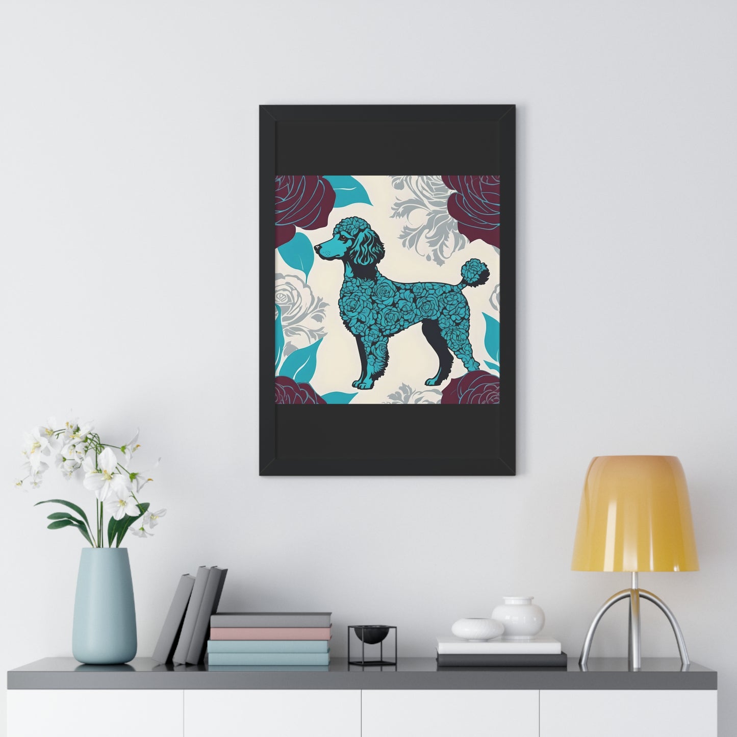 Vertical Poster - Stylish Framed - Art for Home Decor - Rose Inspired Turquoise Poodle With Burgundy Roses