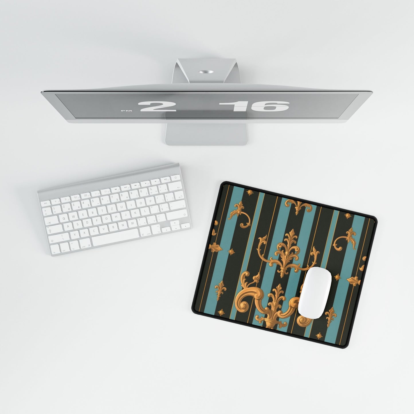 Elegant Black & Gold Desk Mats for Home Office, Stylish Desk Accessories, Work From Home Decor - Black & Turquoise Striped Baroque