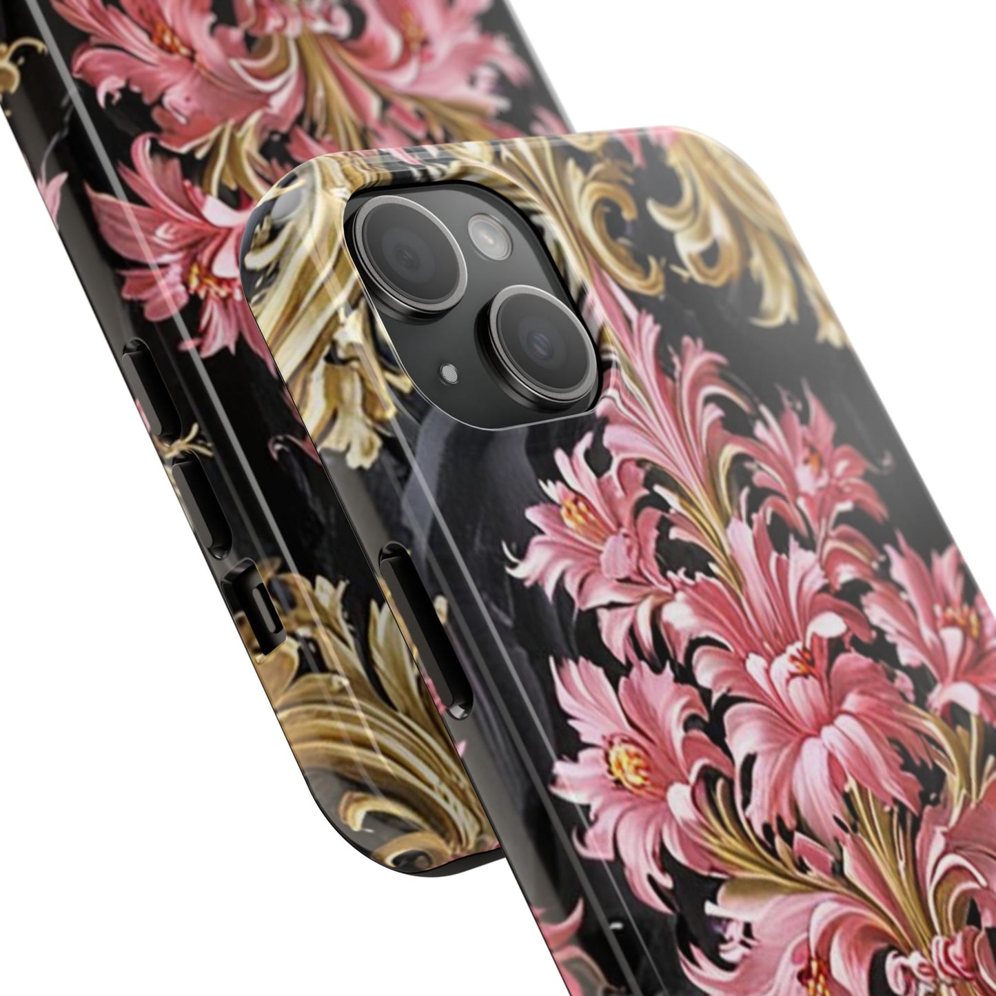 Elegant Floral Tough Phone Cases | Stylish Protection for Her | Gift for Birthdays - Black & Pink Oil Painting Style Rococo