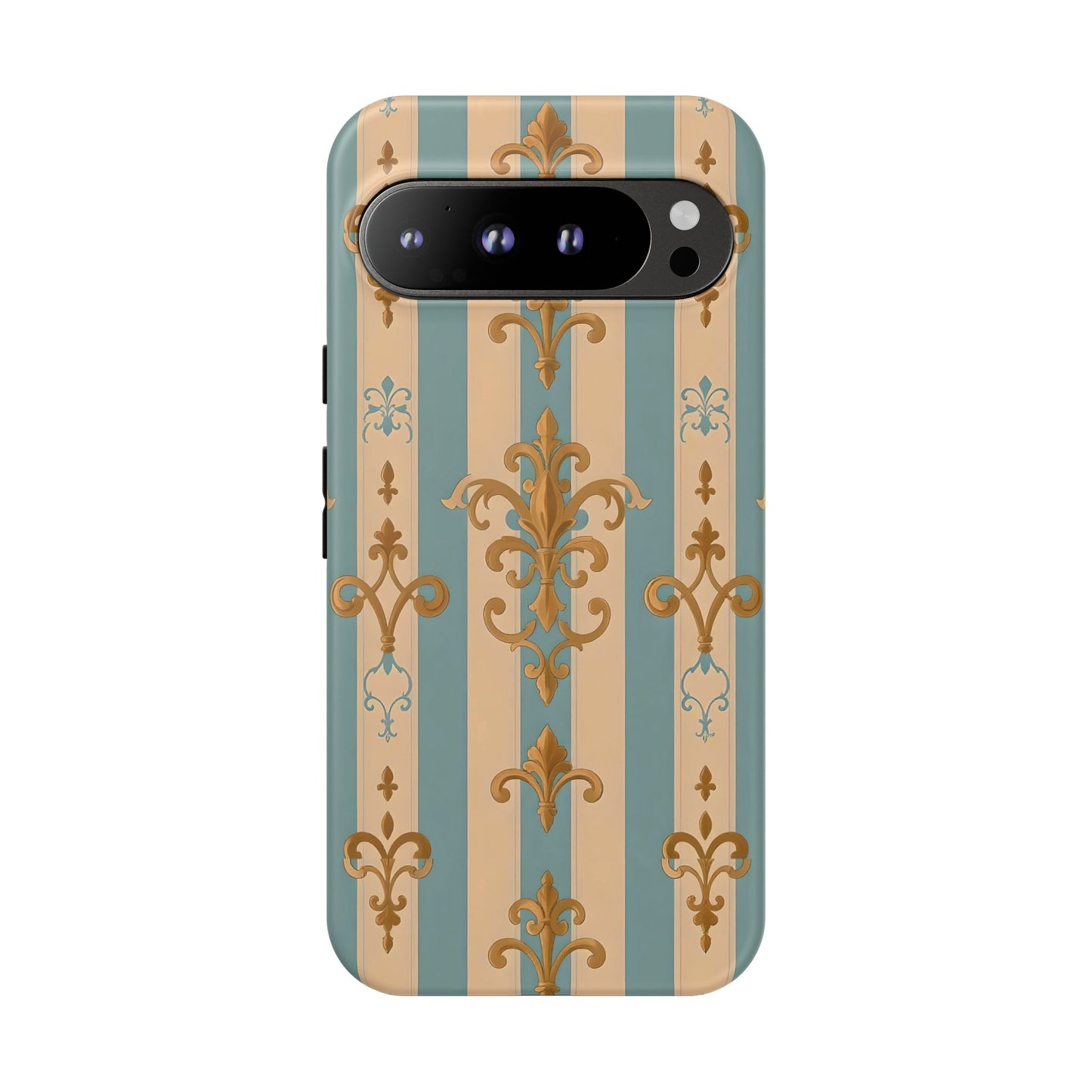 Elegant Floral Motif Phone Case - Tough Cases with Vintage Design -  Beige & Sky Blue Striped Gold Damask