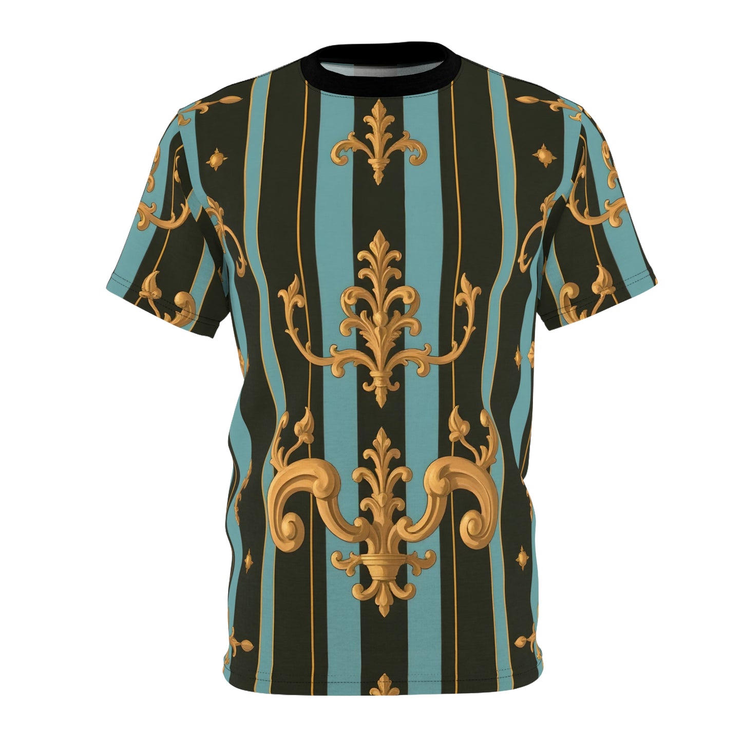 Elegant Patterned Unisex Tee, Vibrant Graphic T-Shirt, Fashionable Casual Top, Unique Gift for Him/Her - Black & Turquoise Striped Baroque
